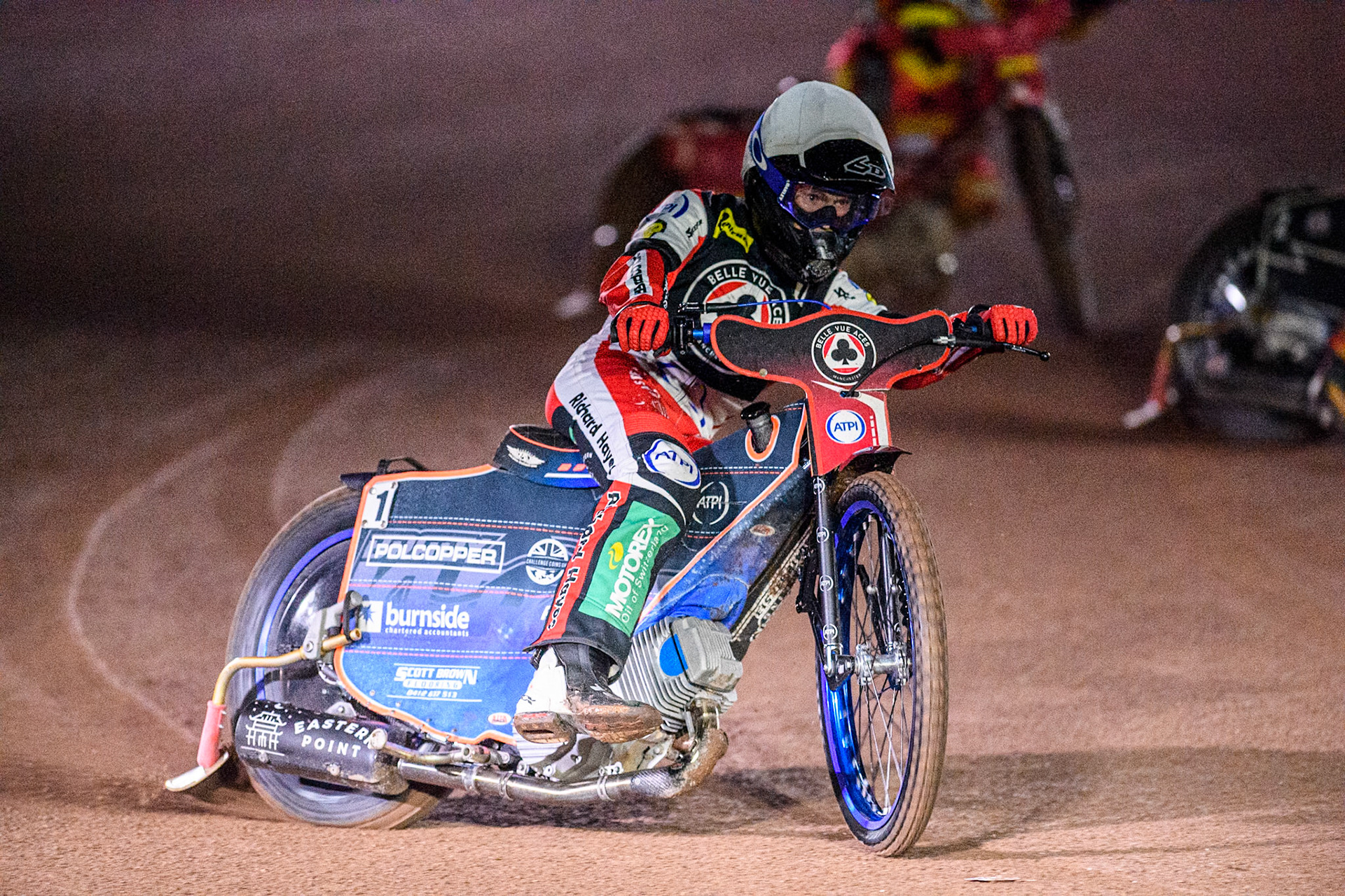 Belle Vue Aces' Brady Kurtz in action during the Rowe Motor Oil Premiership Grand Final 2nd Leg between Leicester Lions and Belle Vue Aces at the Pidcock Motorcycles Arena, Leicester on Thursday 26th September 2024. (Photo: Ian Charles | MI News)