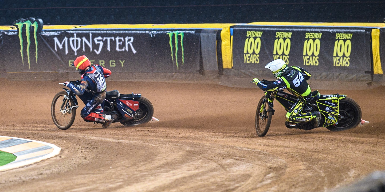 Wild Card rider Steve Worrall (16) (Red) leads  Martin Vaculik (54) (White) during the FIM Speedway Grand Prix of Great Britain at the Principality Stadium, Cardiff on Saturday 2nd September 2023. (Photo: Ian Charles | MI News)