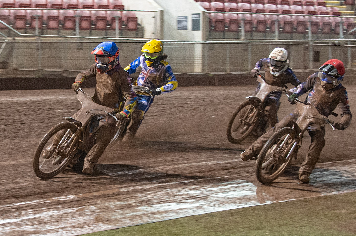 Photo: Ian CharlesRory Schlein  (Blue)  leads  Richard Lawson   (Yellow)  Josh Auty (Red)  and Lewis Kerr   (White)  into the first turnSports Insure British Speedway Championship Final, National Speedway Stadium, Manchester Monday  28  September  2020