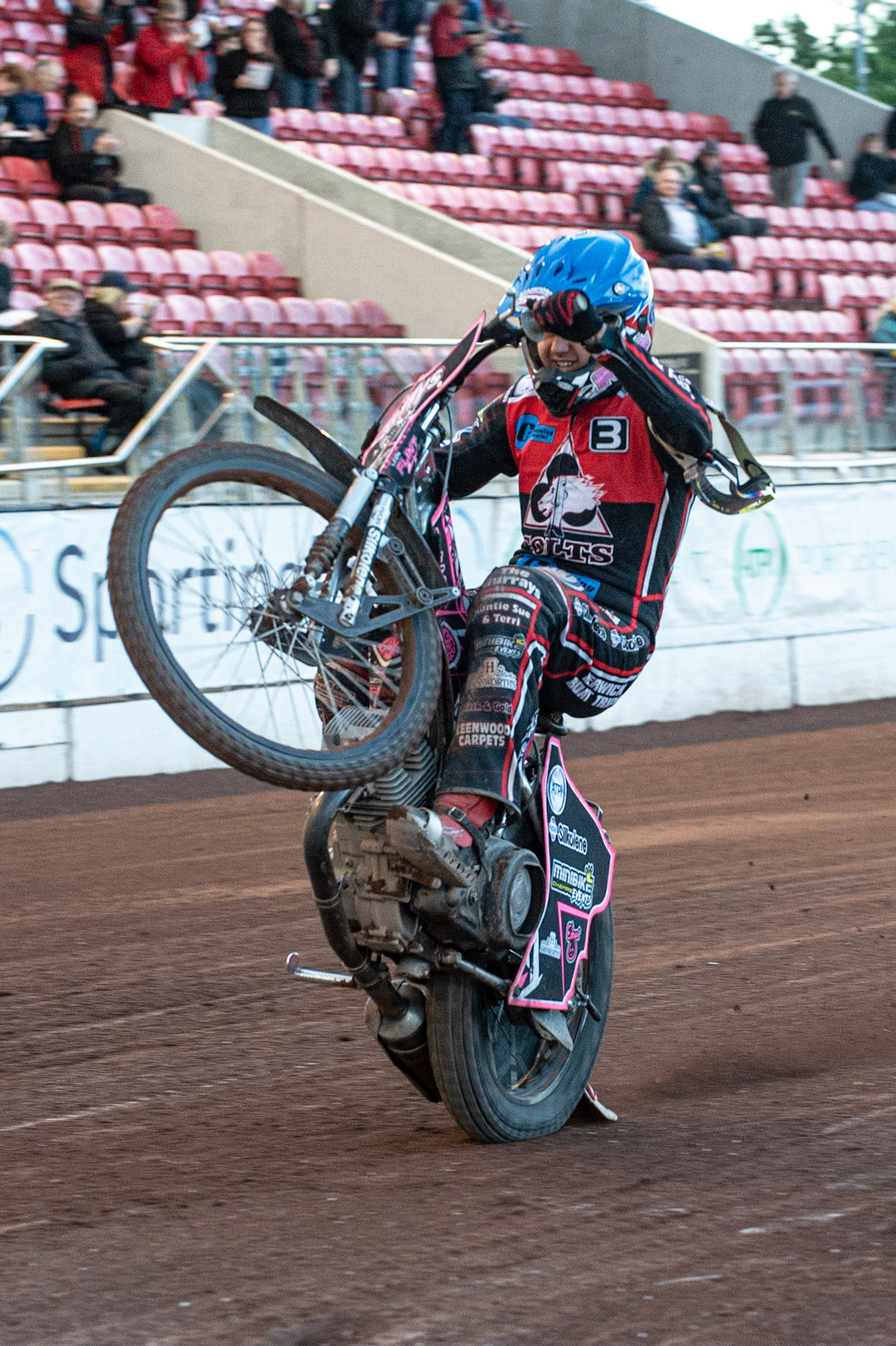 Photo: Ian Charles

Leon Flint  pulls a wheelie 

Belle Vue Colts v Kent Kings, SGB National League KO Cup Quarter Final 1st Leg, Belle Vue National Speedway Stadium, Manchester, Thursday 20  June  2019