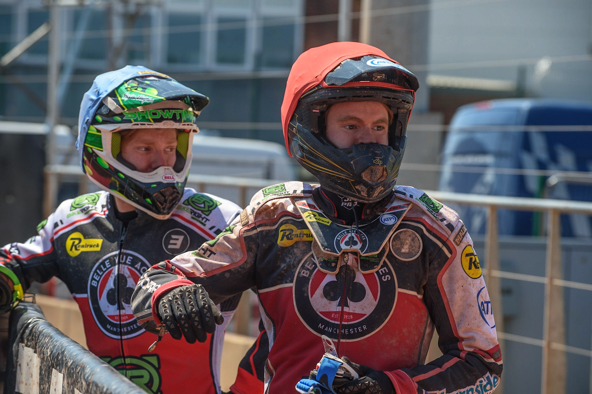 MANCHESTER, UK. MAY 31ST  Dan Bewley  (left) and Brady Kurtz  during the SGB Premiership match between Belle Vue Aces and Peterborough at the National Speedway Stadium, Manchester on Monday 31st May 2021. (Credit: Ian Charles | MI News)