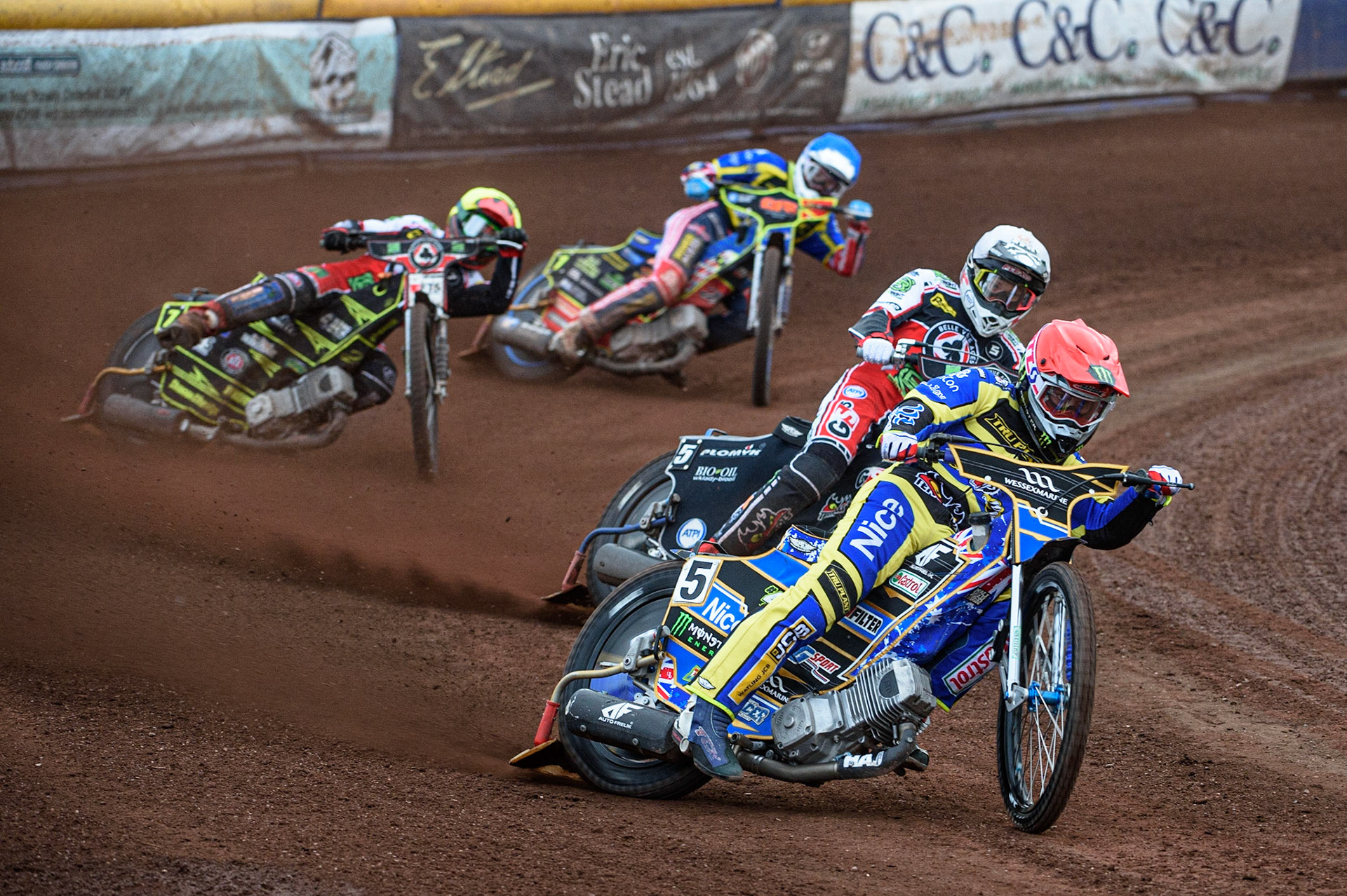 SHEFFIELD, UK. JULY 1ST     Jack Holder  (Red) leads Dan Bewley  (White), Jye Etheridge  (Yellow) and Anders Rowe  (Blue) during the SGB Premiership match between Sheffield Tigers and Belle Vue Aces at Owlerton Stadium, Sheffield on Thursday 1st July 2021. (Credit: Ian Charles | MI News)