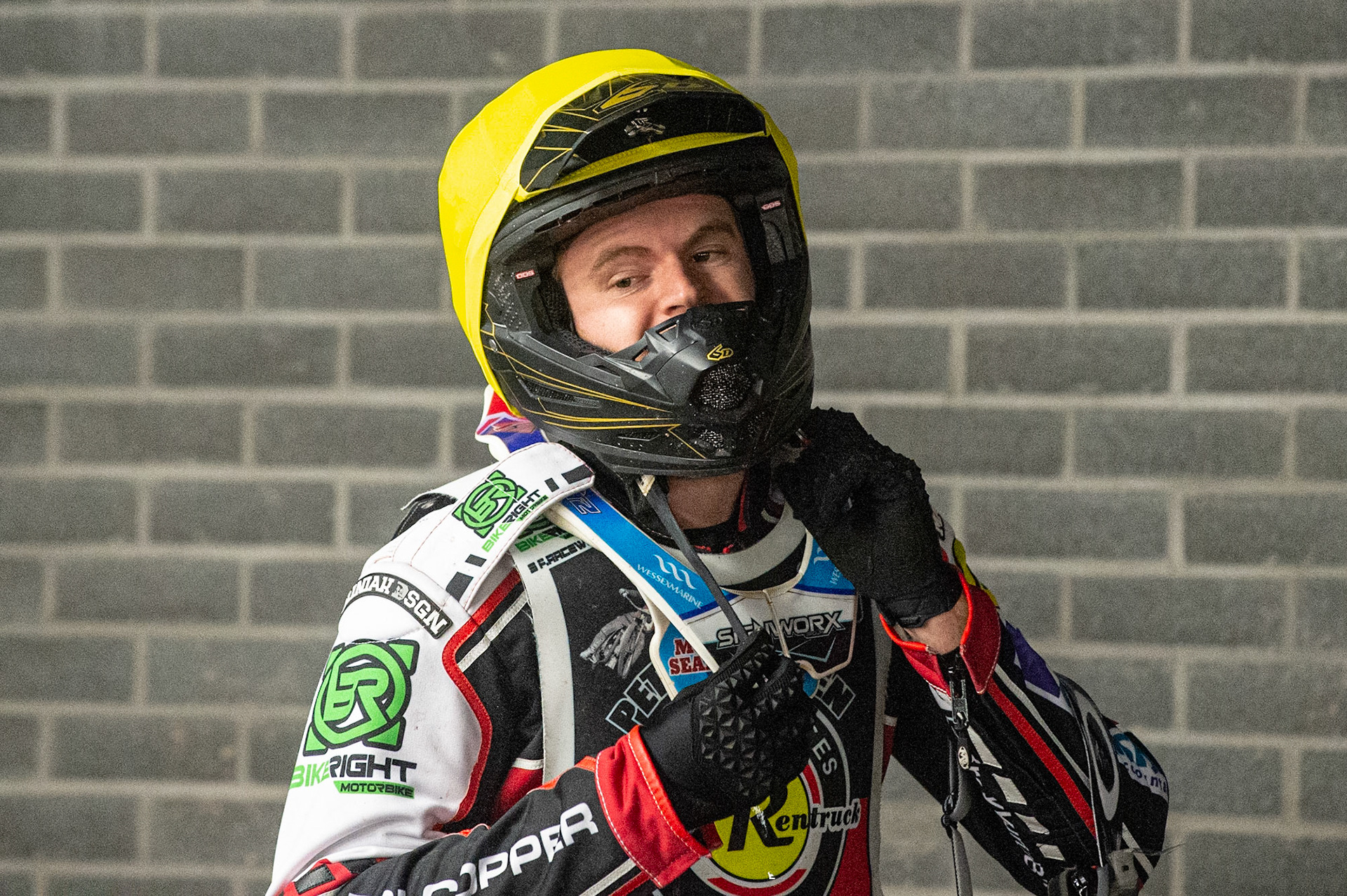 Photo: Ian CharlesBrady Kurtz adjusts his helmet Peter Craven Memorial Trophy, National Speedway Stadium, Manchester Thursday  22  October  2020