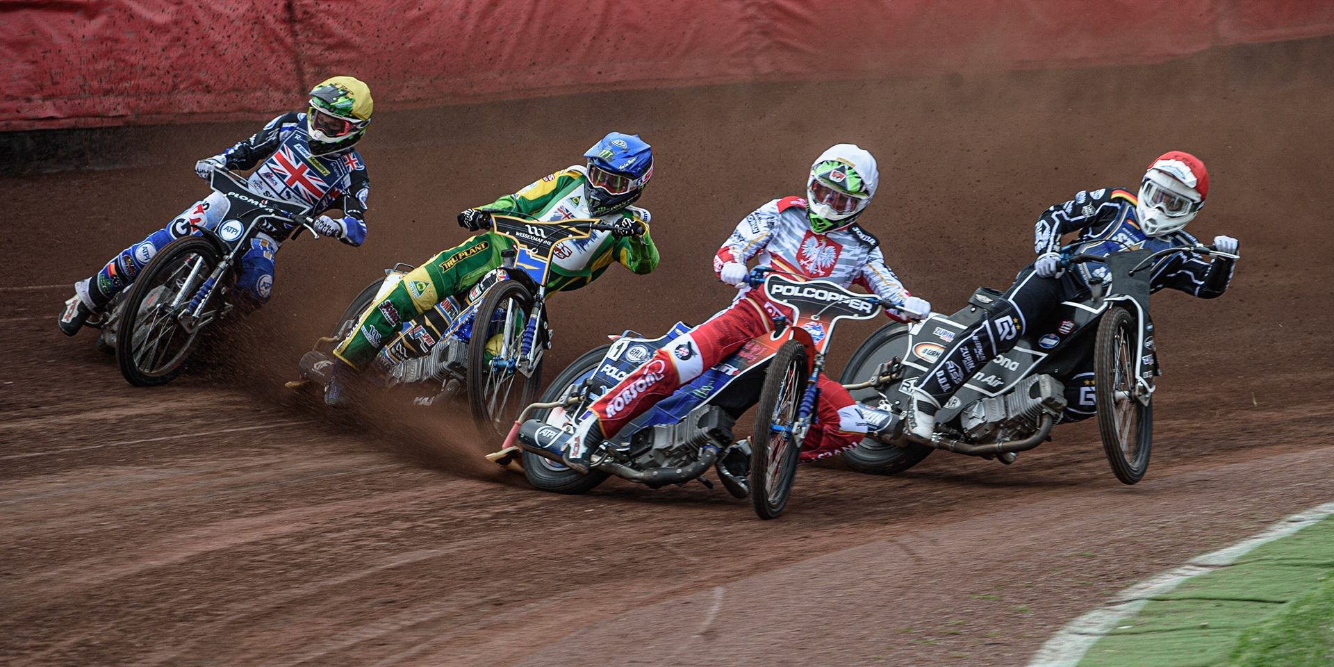 GLASGOW, UK. JUNE 19TH.  Tobiasz Musielak (Poland) (White) leads Erik Riss (Germany) (Red), Chris Holder (Australia) (Blue) and Dan Bewley (Great Britain) (Yellow) during the FIM Speedway Grand Prix Qualifying Round at the Peugeot Ashfield Stadium, Glasgow on Saturday 19th June 2021. (Credit: Ian Charles | MI News)
