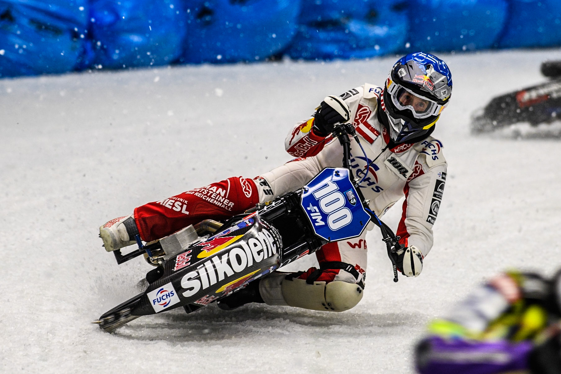 Franky Zorn (100) of Austria in action during the Ice Speedway Gladiators World Championship Final 1 at Max-Aicher-Arena, Inzell on Saturday 15th March 2025. (Photo: Ian Charles | MI News)