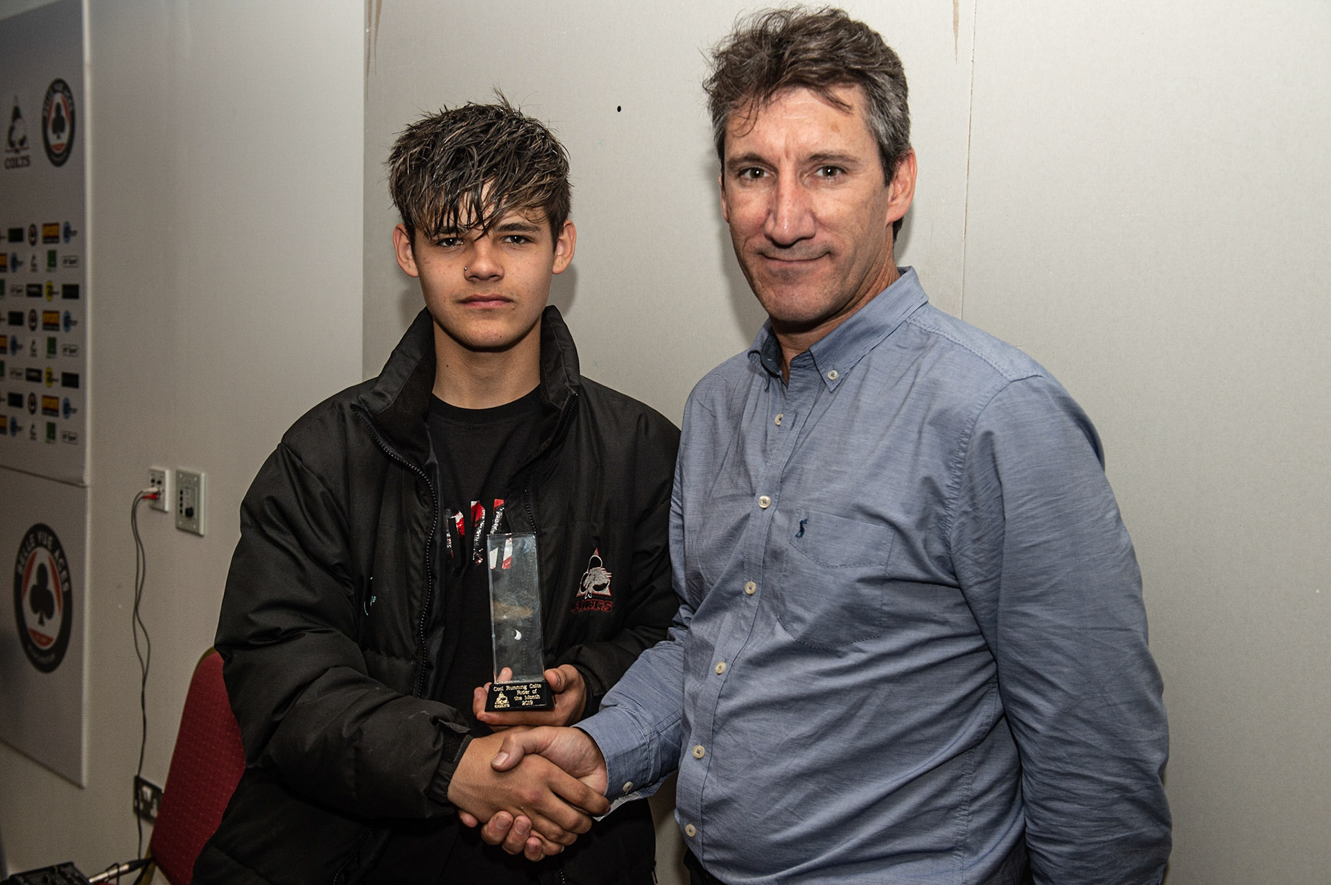 Photo: Ian Charles

Jordan Palin  (left) receives his Rider Of the Month award for August from Mark Lemon 

Belle Vue Colts v Mildenhall Fen Tigers, National League, Belle Vue National Speedway Stadium, Manchester, Monday 2  September  2019