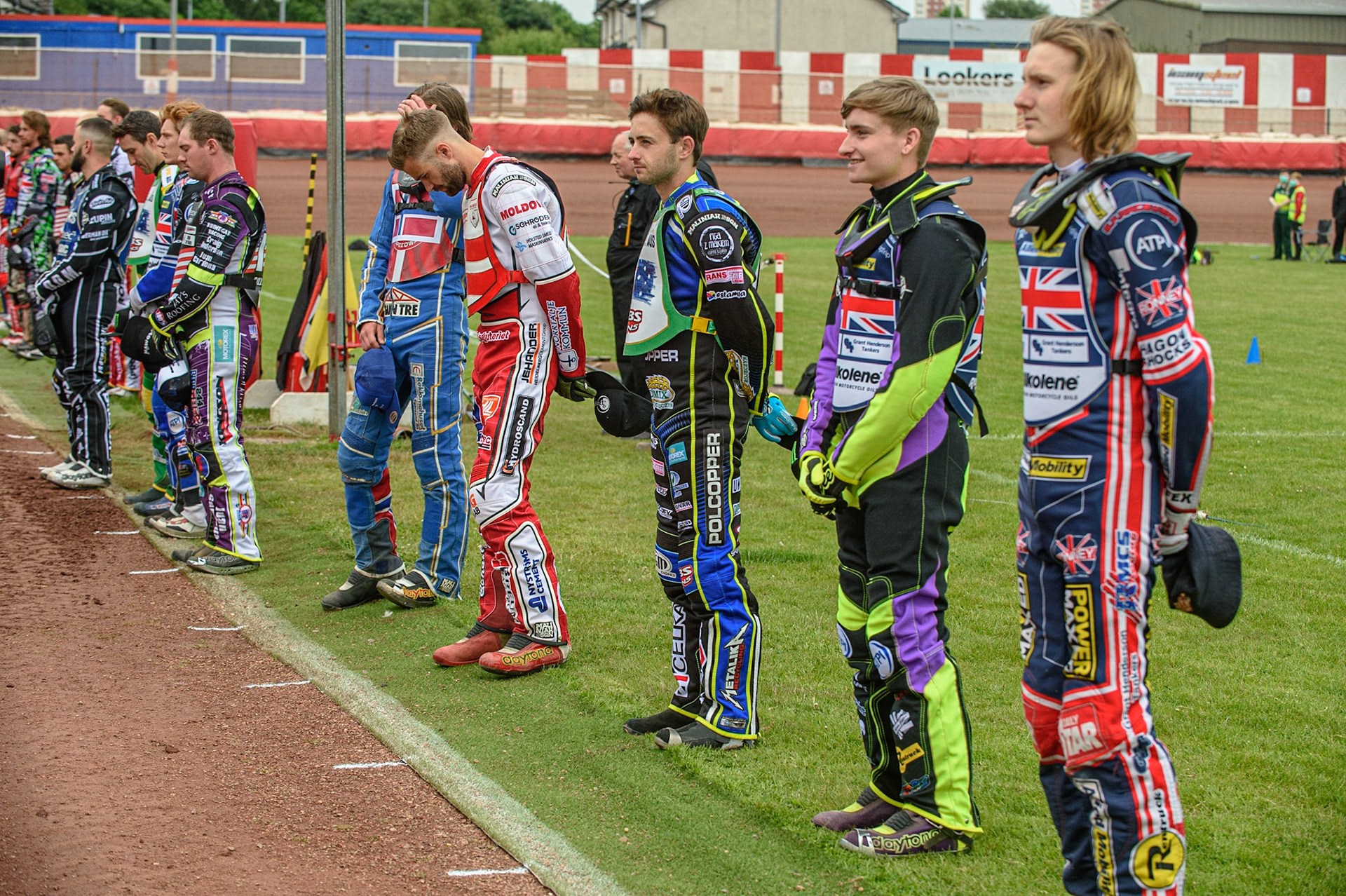 GLASGOW, UK. JUNE 19TH.  The riders lined up on parade during the FIM Speedway Grand Prix Qualifying Round at the Peugeot Ashfield Stadium, Glasgow on Saturday 19th June 2021. (Credit: Ian Charles | MI News)