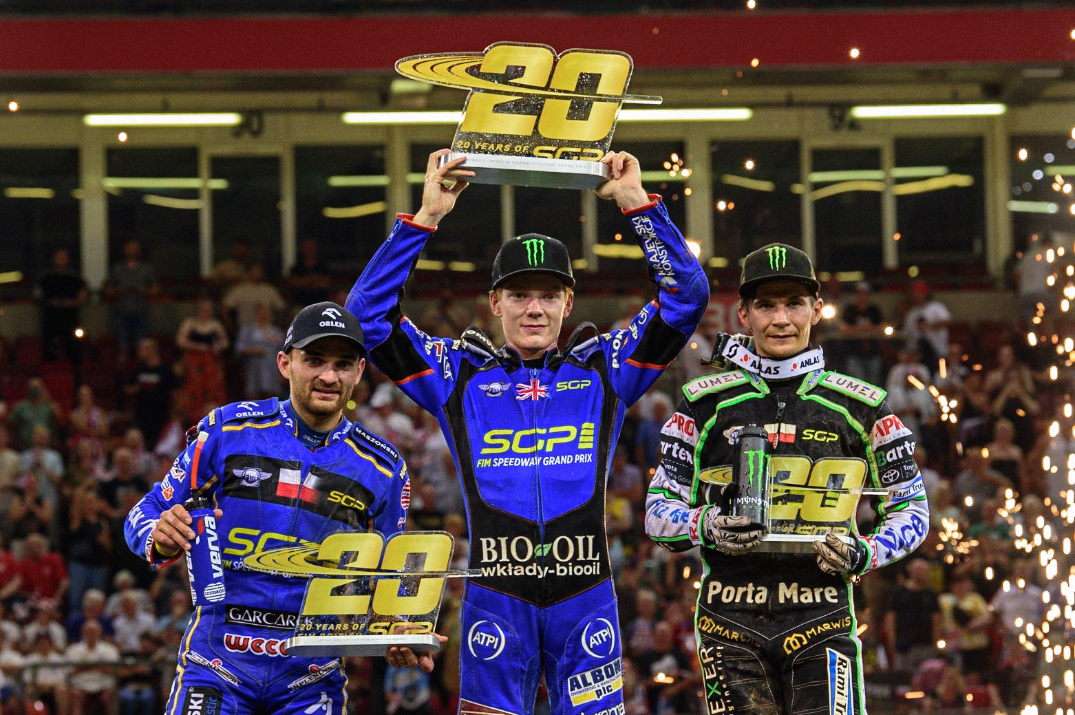 Top 3: (l - r) Bartosz Zmarzlik (95) - 2nd, Dan Bewley (99) Winner and Patryk Dudek (692) - 3rd during the FIM  Speedway Grand Prix of Great Britain at the Principality Stadium, Cardiff on Saturday 13th August 2022. (Credit: Ian Charles | MI News