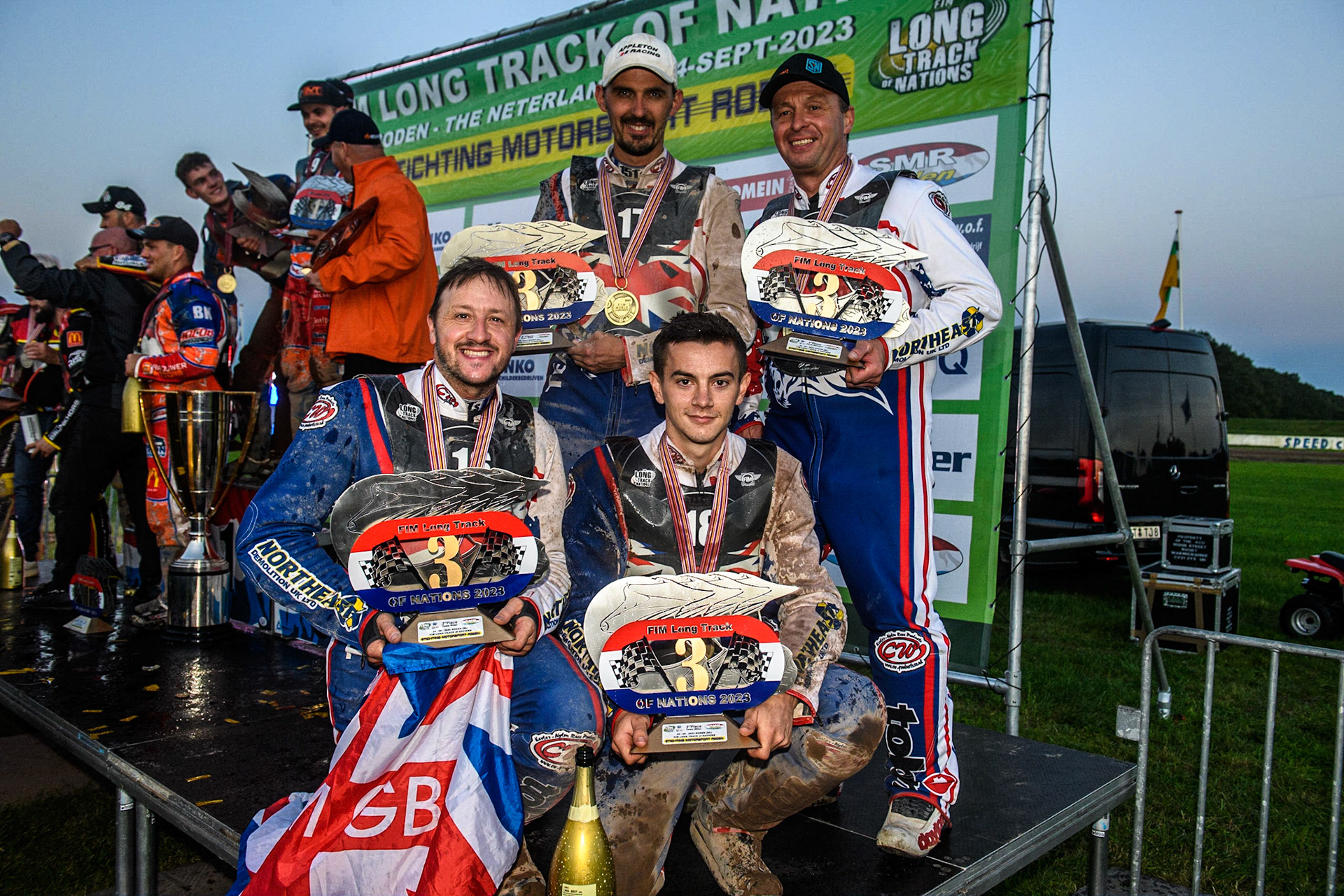 The Great Britain Team - 3rd place: Rear:(L to R) Andrew Appleton, Paul Hurry,Kneeling: Chris Harris, Zach Wajtknecht during the FIM Long Track Of Nations event at the Speed Centre Roden on Sunday 24th September 2023. (Photo: Ian Charles | MI News)