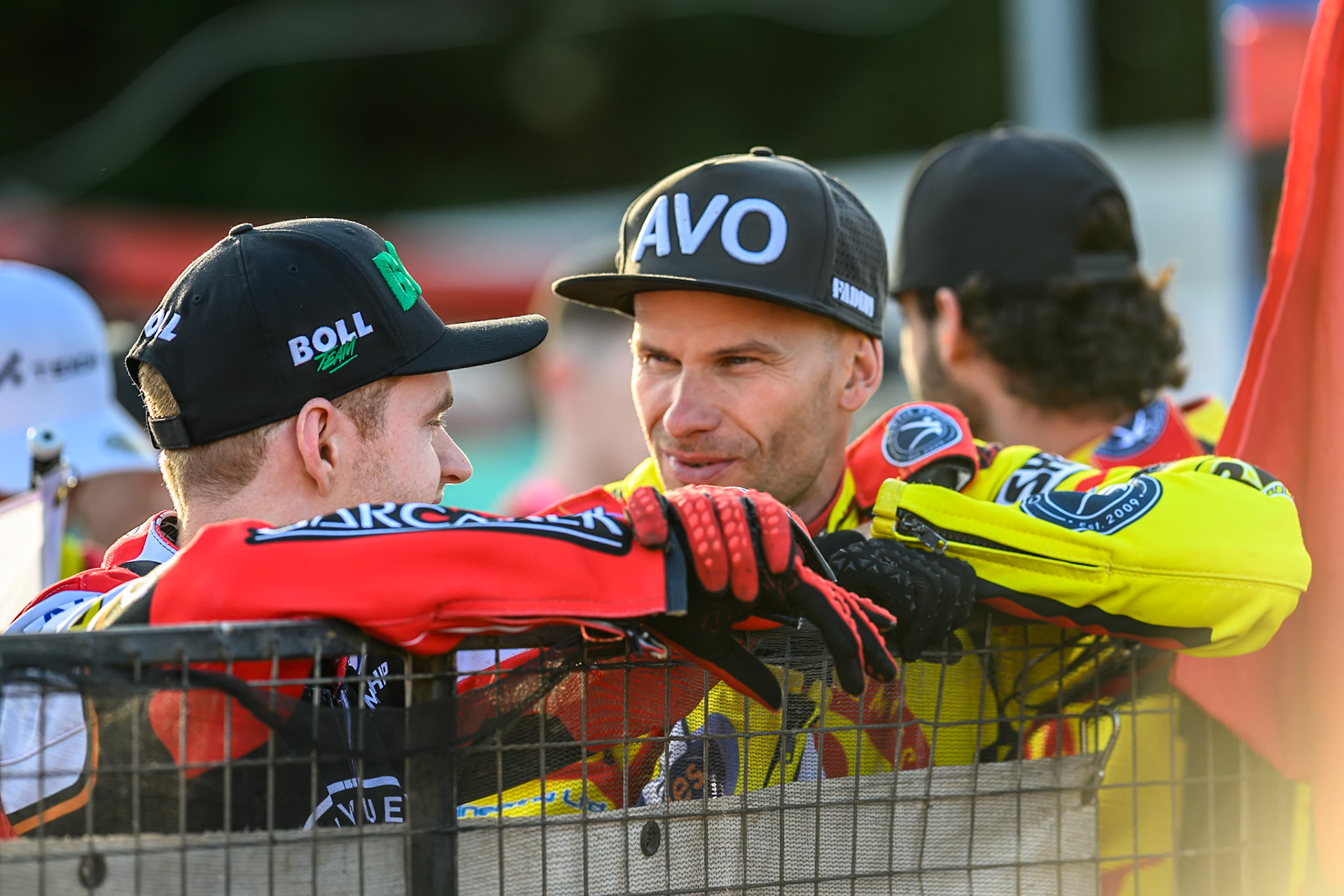 Belle Vue Aces' Brady Kurtz (Left) chats with Birmingham Brummies' Matej Zagar during the Rowe Motor Oil Premiership match between Birmingham Brummies and Belle Vue Aces at Perry Barr Stadium, Birmingham on Monday 28th July 2025. (Photo: Ian Charles | MI News)