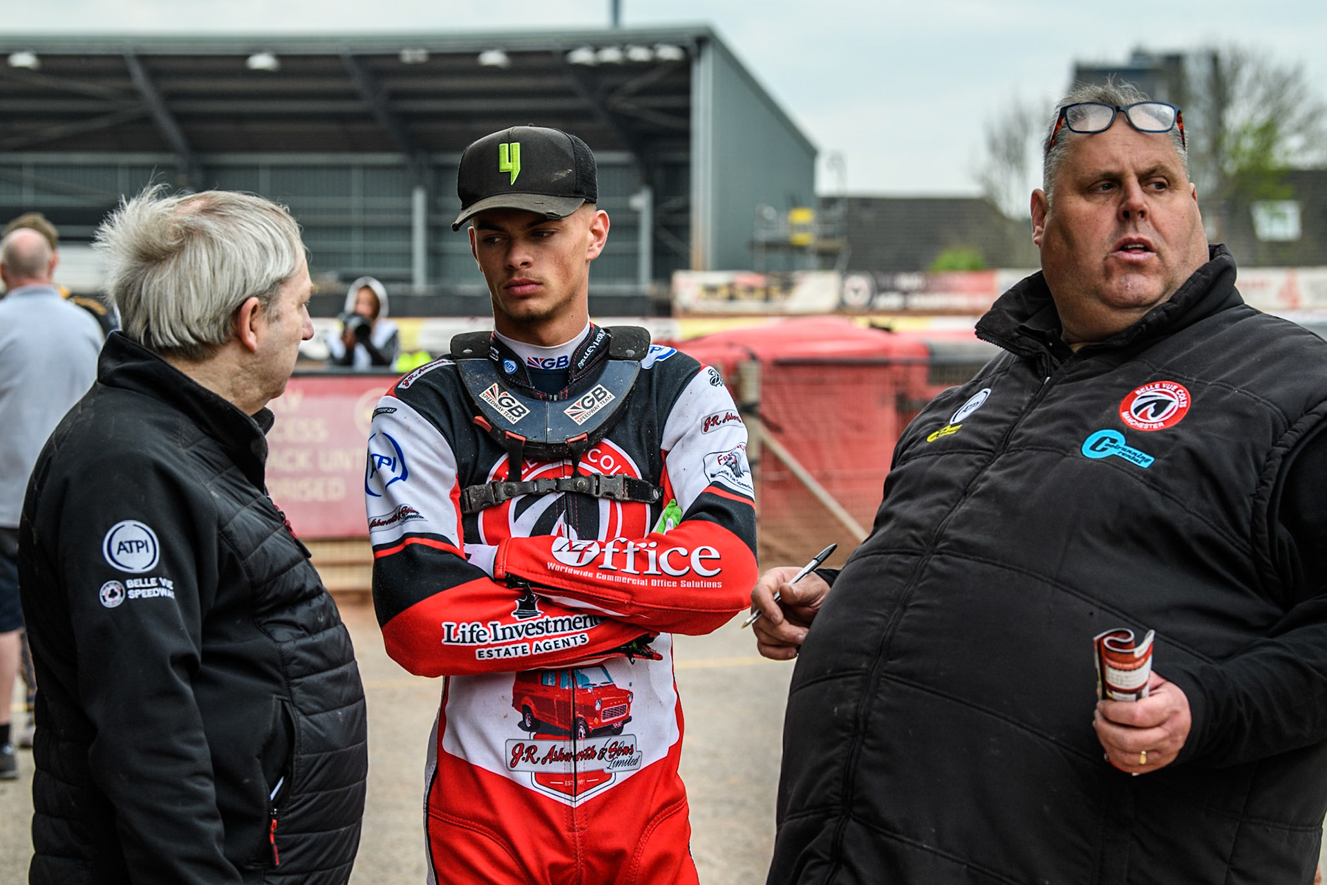 (L to R) Belle Vue Colts' Joint Team Manager Graham Goodwin, Belle Vue Colts' Freddy Hodder and Belle Vue Colts' Joint Team Manager Stephen Williams during the WSRA National Development League match between Belle Vue Colts and Leicester Lion Cubs at the National Speedway Stadium, Manchester on Friday 18th April 2025. (Photo: Ian Charles | MI News)
