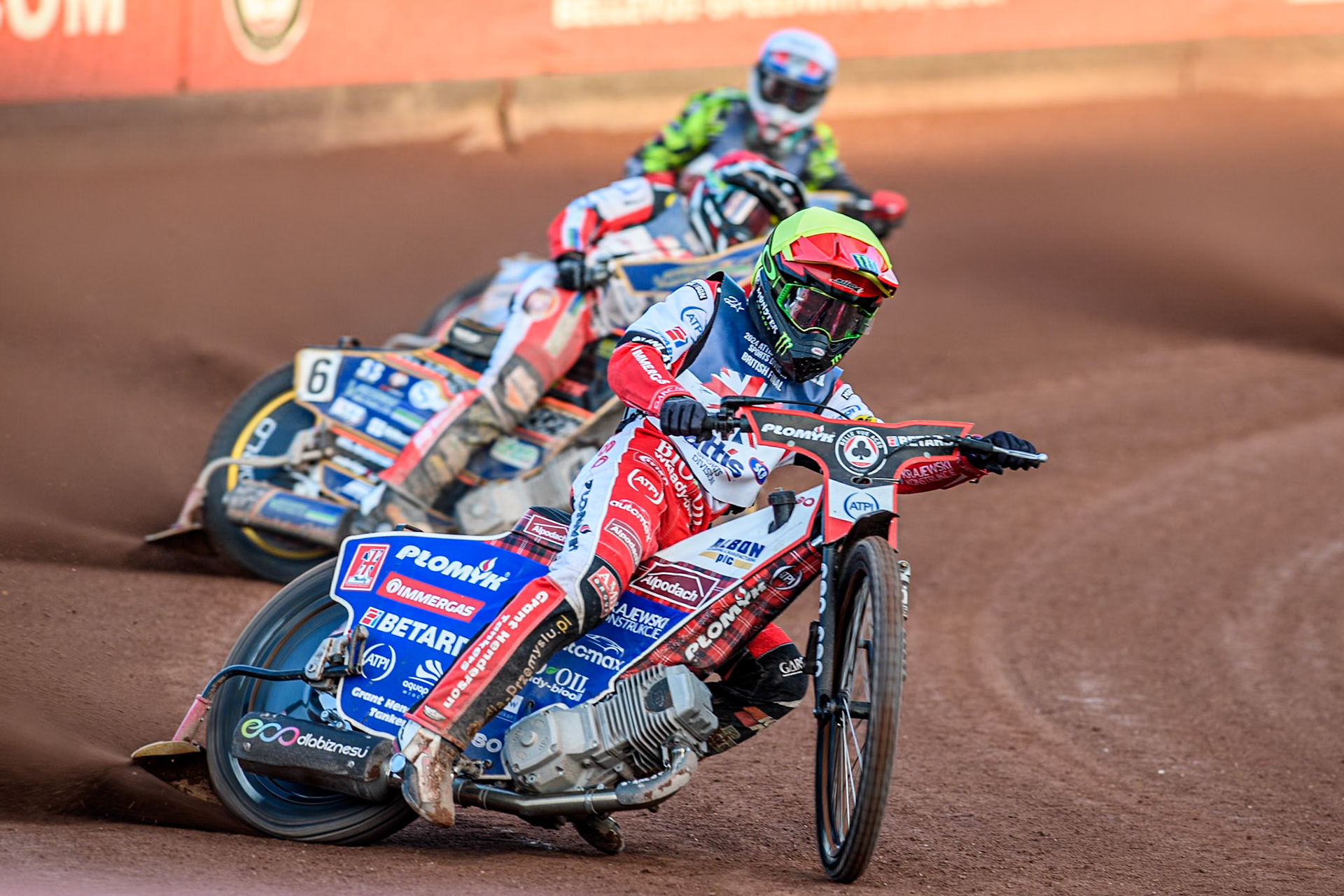 Dan Bewley in Yellow leading Connor Mountain in Red and Drew Kemp in White during the Attis Insurance Sports Division British Speedway Championship Final at the National Speedway Stadium, Manchester on Saturday 8th June 2024. (Photo: Ian Charles | MI News)