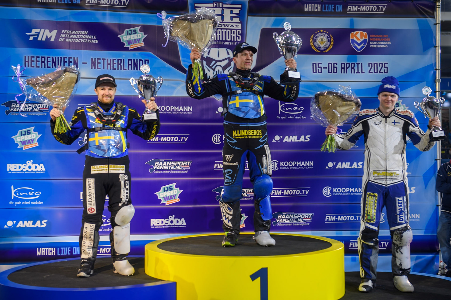 Saturday’s top 3: (L to R) Martin Haarahiltunen (2nd), Niclas Svensson (Winner), Max Koivula (3rd) during the FIM Ice Speedway Gladiators World Championship, Final 3 at the Ice Stadium, Thialf, Heerenveen on Saturday 5th April 2025. (Photo: Ian Charles | MI News)