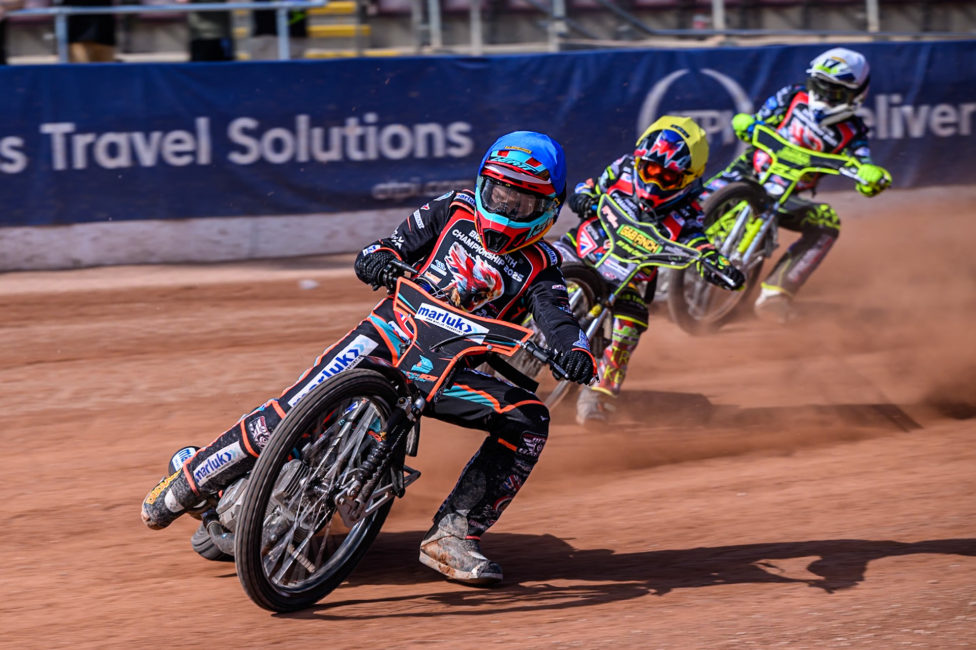 Casper Kluciniak (505) in Blue leading Archie Rolph (3) in Yellow and Oli Boverton (15) in White during the British Youth Speedway Championship at the National Speedway Stadium, Manchester on Sunday 10th August 2025. (Photo: Ian Charles | MI News)