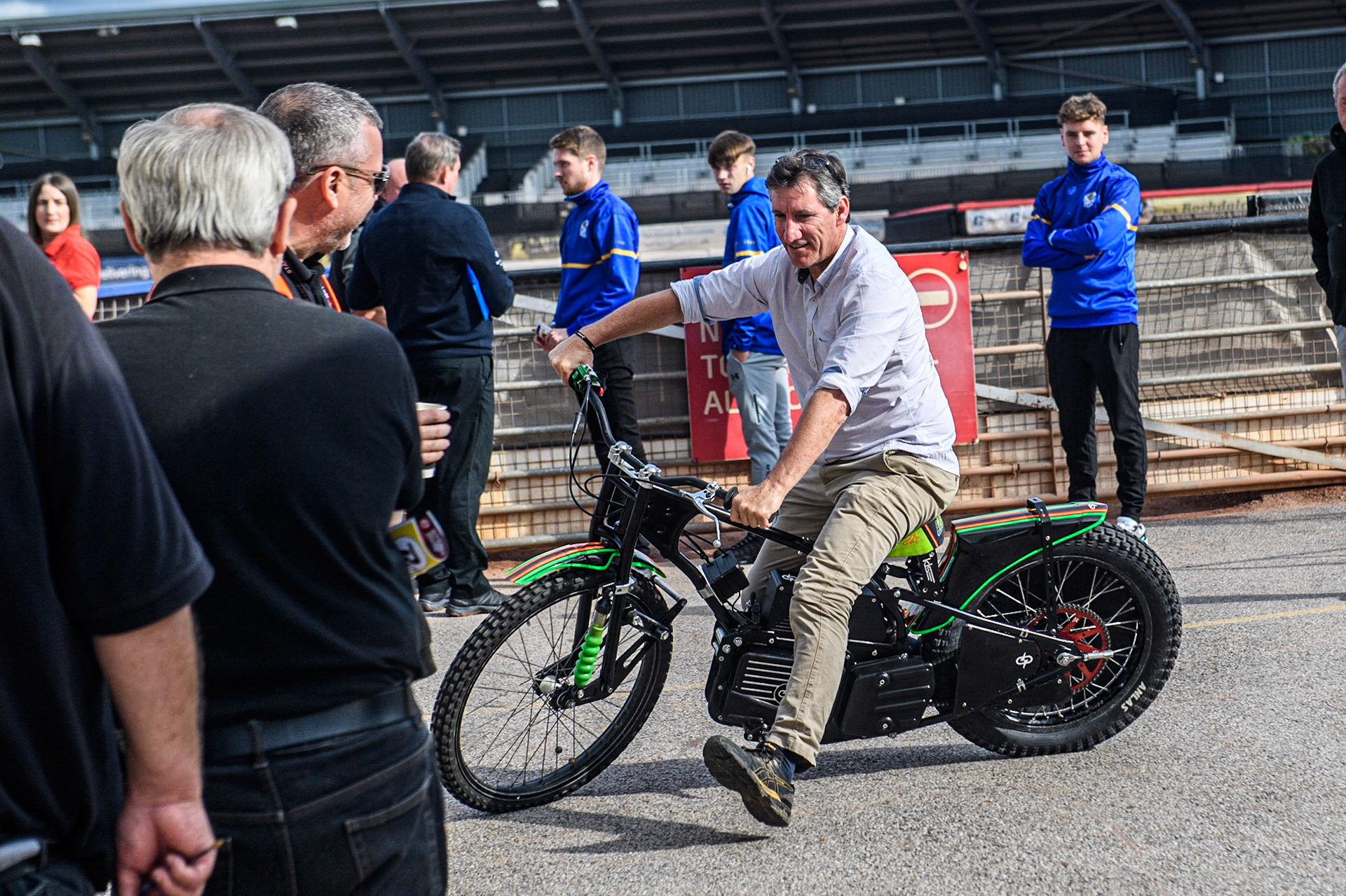 Belle Vue Speedway CEO Mark Lemon has a quick spin around the pits on the new Electric Speedway Bike during the British Youth Speedway Championships at the National Speedway Stadium, Manchester on Friday 21st July 2023. (Photo: Ian Charles | MI News)