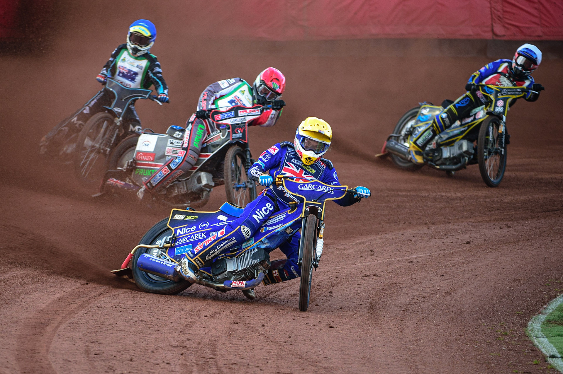 Robert Lambert (Great Britain) (Yellow) leads Chris Holder (Australia) (Red) Rohan Tungate (Australia) (Blue) and Szymon Woźniak (Poland) (White)  during the FIM Speedway Grand Prix Challenge at the Peugeot Ashfield Stadium, Glasgow on Saturday 20th August 2022. (Credit: Ian Charles | MI News)