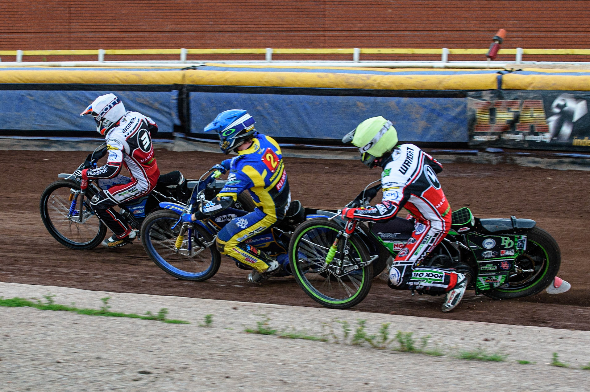 SHEFFIELD, UK. JULY 1ST     Steve Worrall  (White) leads Kyle Howarth  (Blue) and Charles Wright  (Yellow) during the SGB Premiership match between Sheffield Tigers and Belle Vue Aces at Owlerton Stadium, Sheffield on Thursday 1st July 2021. (Credit: Ian Charles | MI News)