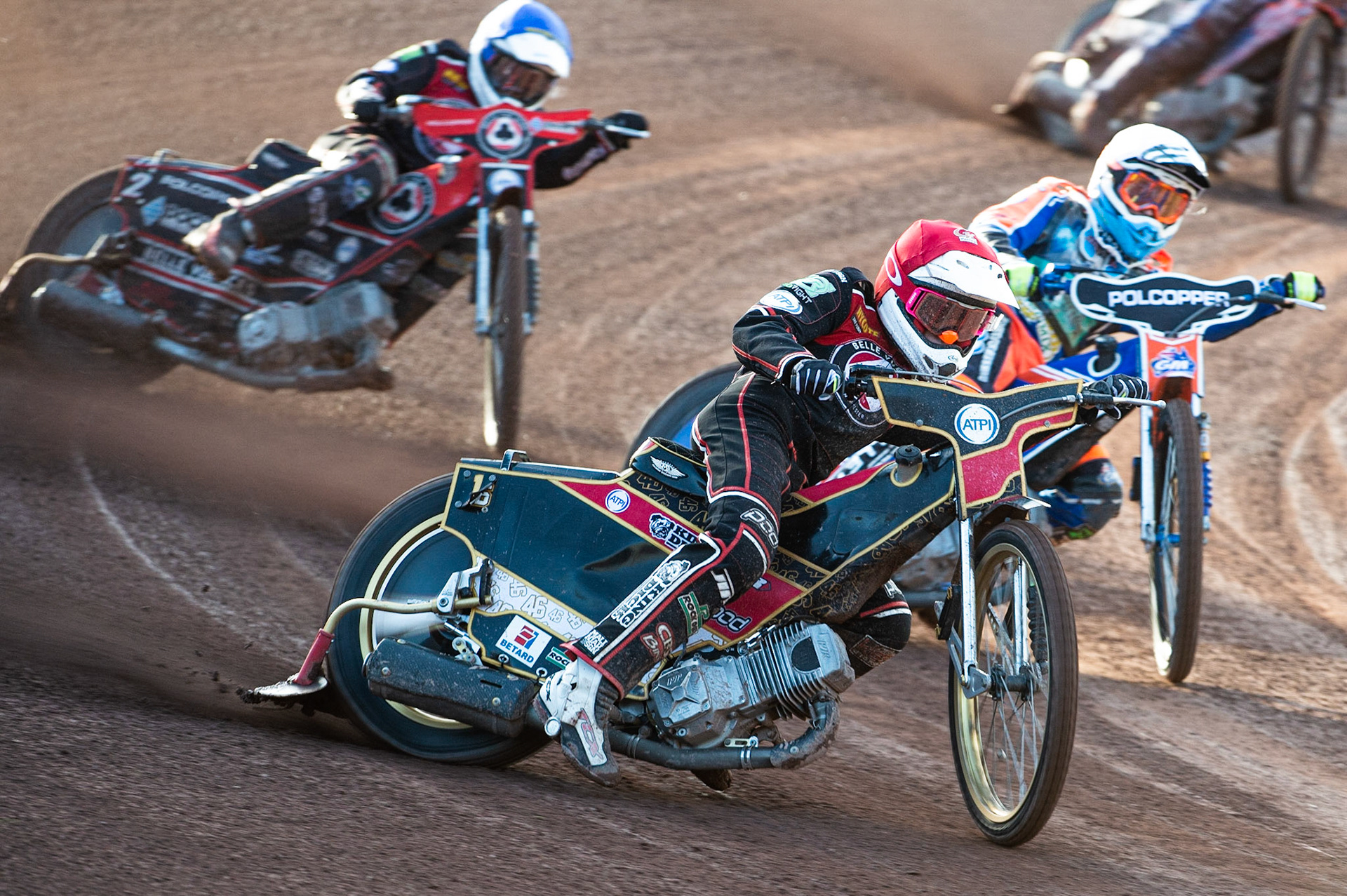 Photo by Ian Charles

Belle Vue Aces’ Max Fricke  (Red) leads Brady Kurtz  (White) and Jaimon Lidsey  (Blue)

Belle Vue Aces v Poole Pirates, British Speedway Premiership, Belle Vue National Speedway Stadium, Manchester, Monday 1  July  2019