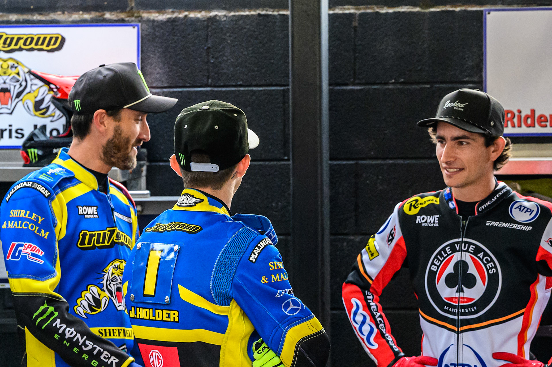 (L to R) Chris Holder of Sheffield Tigers , Jack Holder of Sheffield Tigers  and Zach Cook of Belle Vue Aces   chat before the racing during the Rowe Motor Oil Premiership match between Sheffield Tigers and Belle Vue Aces at Owlerton Stadium, Sheffield on Monday 11th August 2025. (Photo: Ian Charles | MI News)