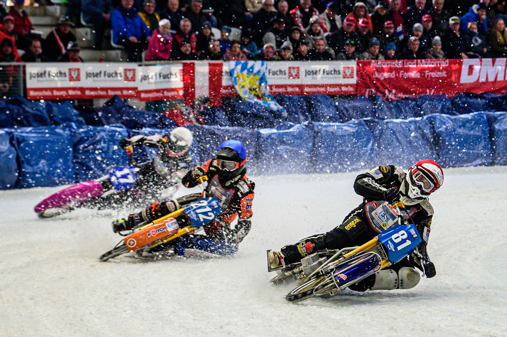 Jimmy Olsen (81) (Red) leads Lukas Hutla (212) (Blue) and Benedikt Monn (17) (White) during the Ice Speedway Gladiators World Championship Final 2 at Max-Aicher-Arena, Inzell, Germany on Sunday 19th March 2023. (Photo: Ian Charles | MI News)