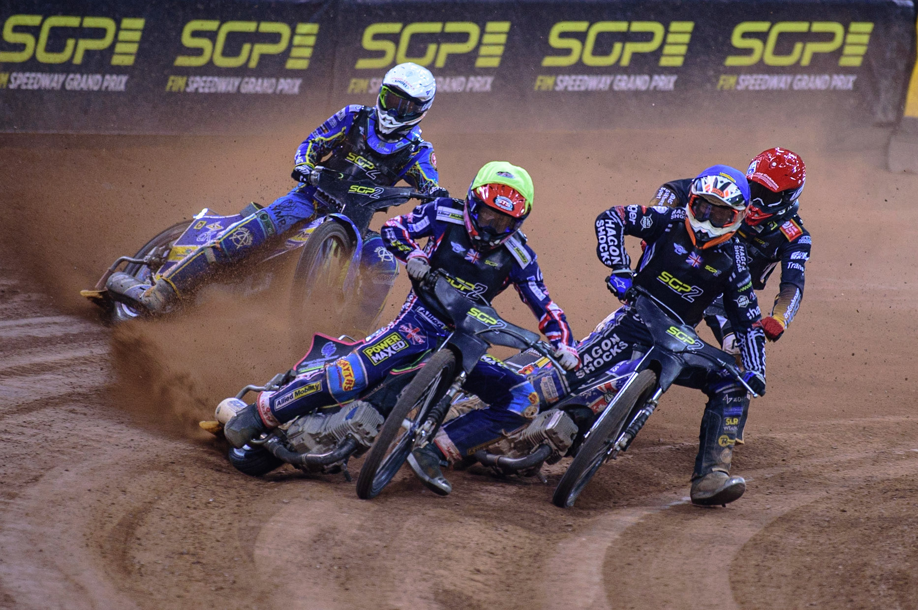 Leon Flint (Great Britain)  (Yellow) leads Jason Edwards (Great Britain) (Blue) Norick Blodorn (Germany)  (Red) and Petr Chlupac (Czech Republic)  (White) during the FIM  Speedway Grand Prix  2 of Great Britain at the Principality Stadium, Cardiff on Sunday 14th August 2022. (Credit: Ian Charles | MI News)