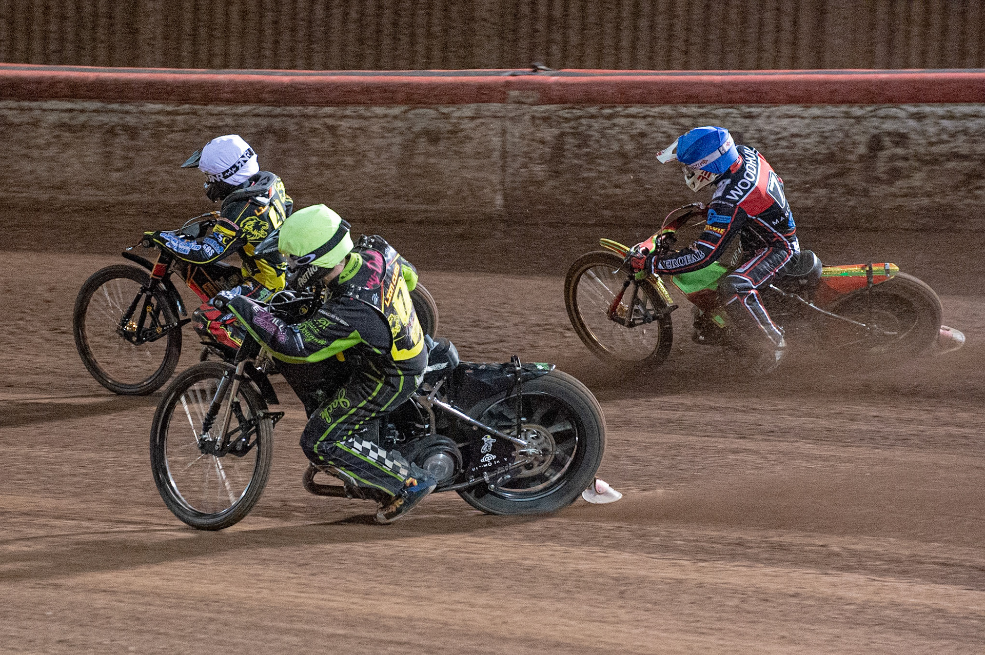 Photo: Ian Charles

Dan Thomson  (White) and Josh Embleton  (Yellow) try to hold out Ben Woodhull  (Blue)

Belle Vue Colts v Leicester Lion Cubs, SGB National League KO Cup Final (2nd Leg), Belle Vue National Speedway Stadium, Manchester, Tuesday 29  October  2019