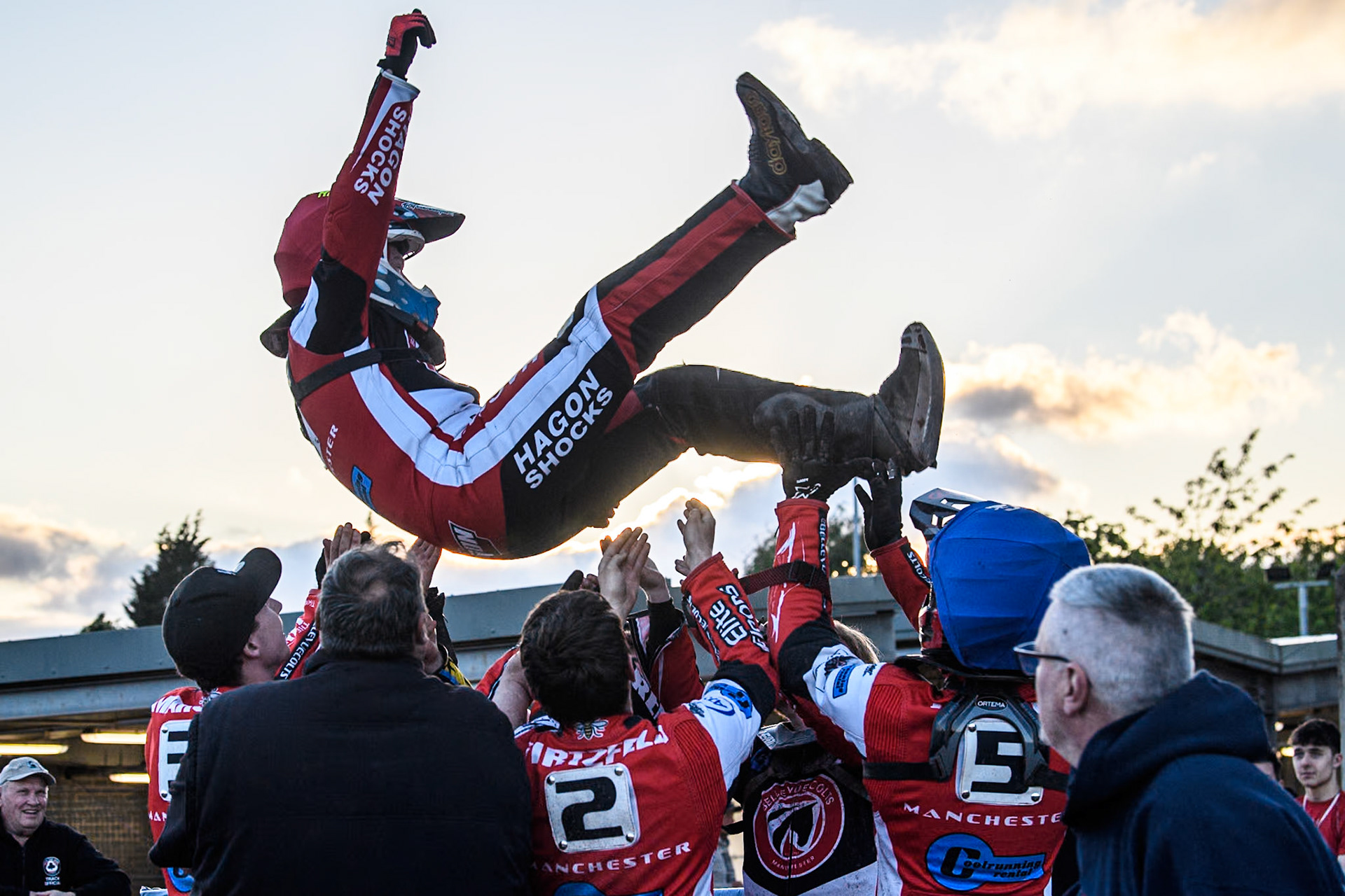 Belle Vue Colts' Sam Hagon gets the bumps after his 15 point maximum during the WSRA National Development League match between Belle Vue Colts and Middlesbrough Tigers at the National Speedway Stadium, Manchester on Monday 17th June 2024. (Photo: Ian Charles | MI News)