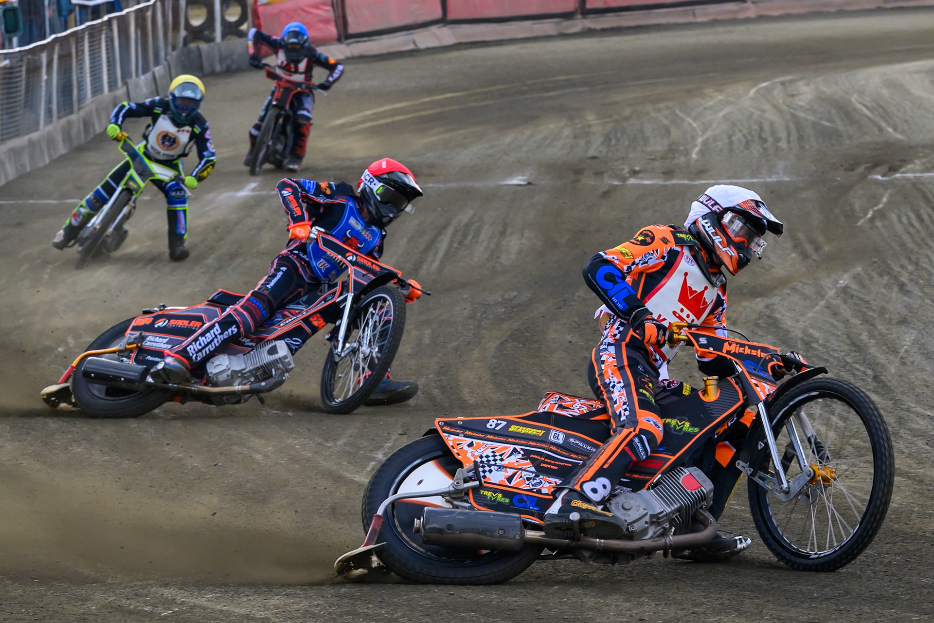 Mickie Simpson of 'The Kings'  in White leading Jacob Fellows of Buxton Bulls  in Red Kieran Douglas of 'The Wolves'  in Yellow and Harrison Rogers of 'The Potters'  in Blue during the Regina Chains Fours at Buxton Speedway, Buxton on Sunday 5th April 2026. (Photo: Ian Charles | MI News)