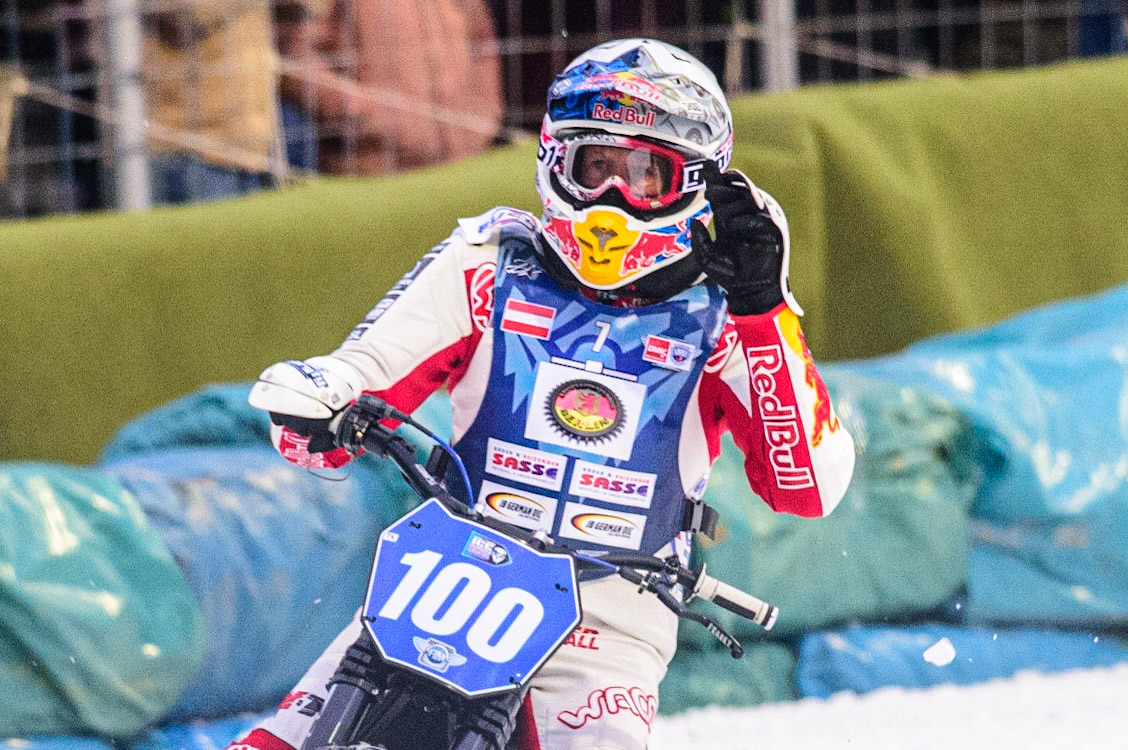 Franz Zorn Celebrates his heat win during the German Individual Ice Speedway Championship at Horst-Dohm-Eisstadion, Berlin on Friday 3rd March 2023. (Photo: Ian Charles | MI News)