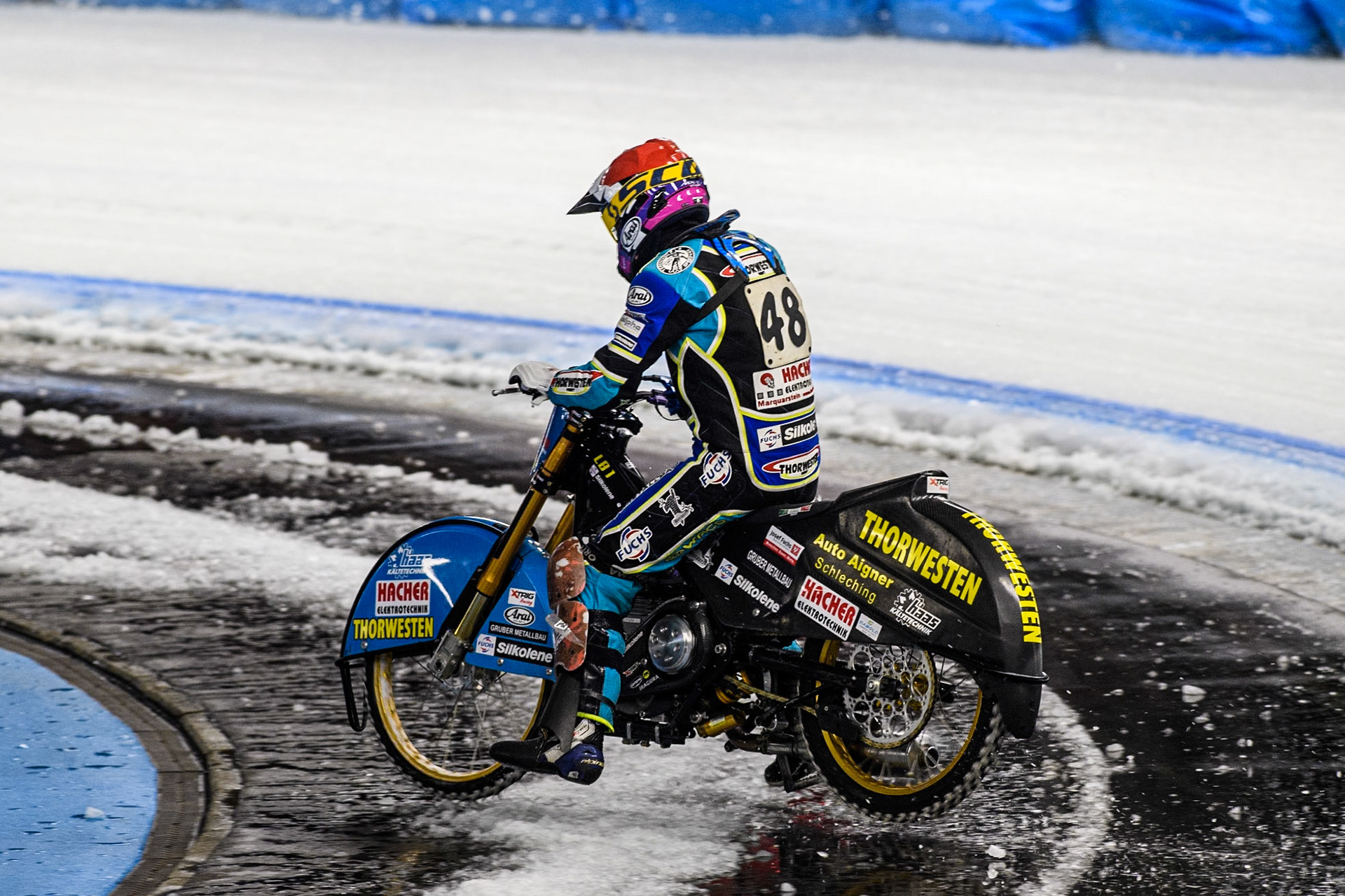 Luca Bauer (48) of Germany spins and leaves the track during the Ice Speedway Gladiators World Championship Final 1 at Max-Aicher-Arena, Inzell on Saturday 15th March 2025. (Photo: Ian Charles | MI News)