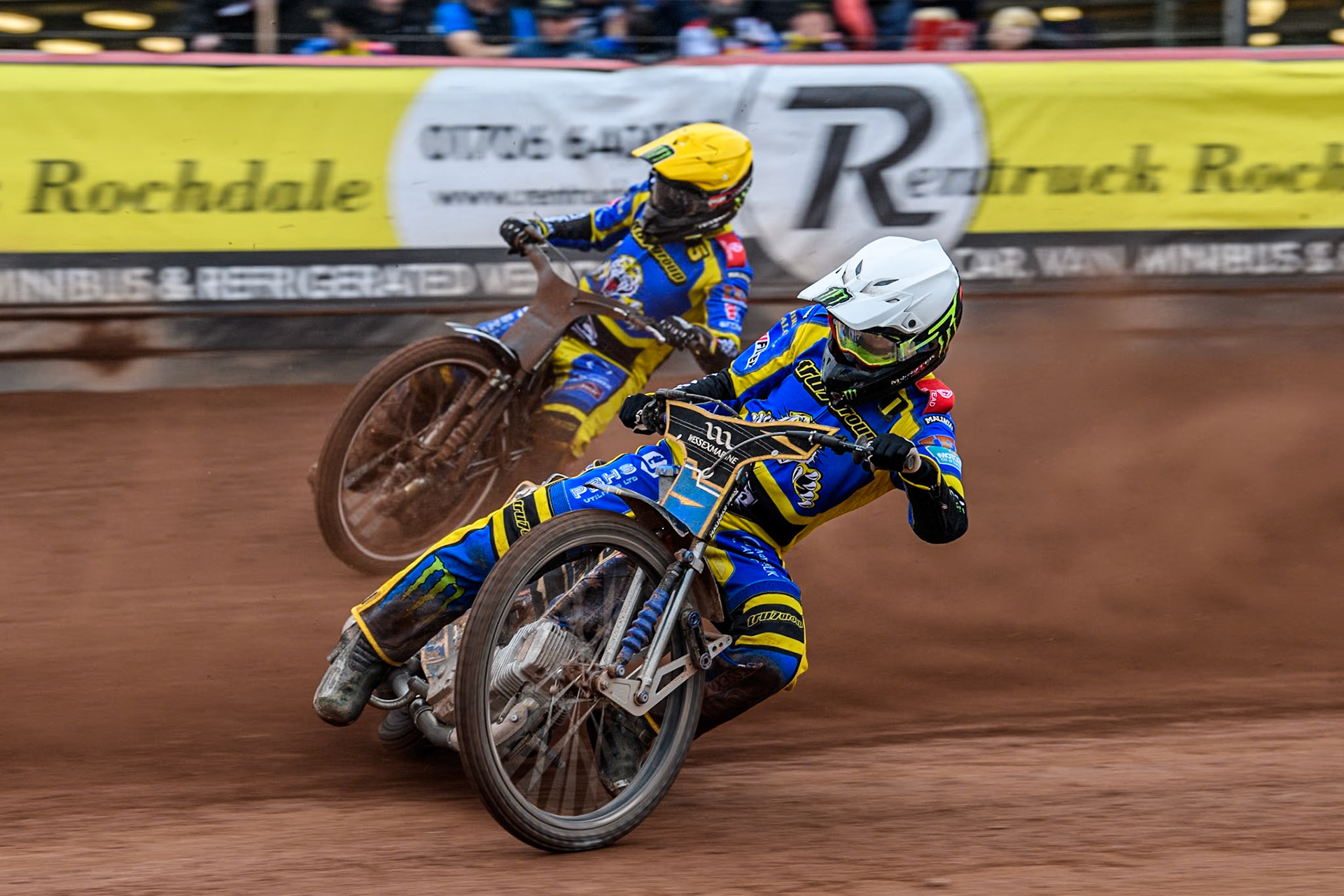 Sheffield Tigers' Jack Holder (White) inside team mate Sheffield Tigers' Tai Woffinden during the Rowe Motor Oil Premiership KO Cup Quarter Final 1st Leg between Belle Vue Aces and Sheffield Tigers at the National Speedway Stadium, Manchester on Monday 1st April 2024. (Photo: Ian Charles | MI News)