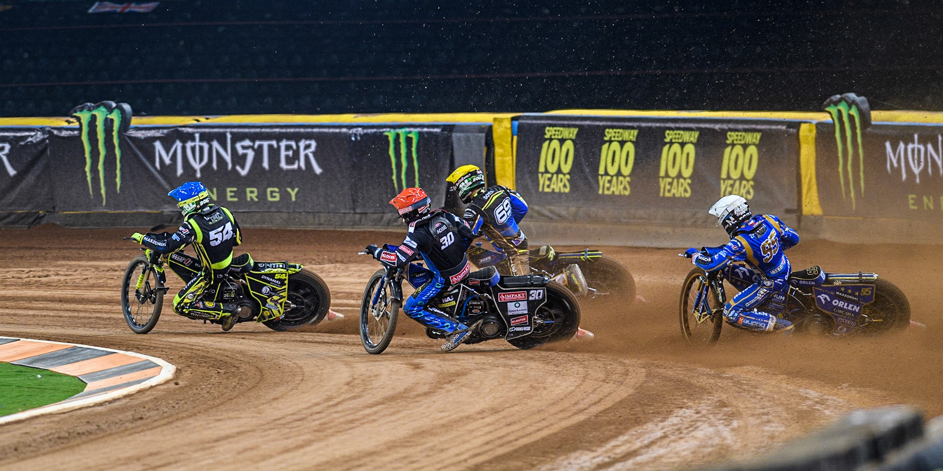 Martin Vaculik (54) (Blue) leads  Jason Doyle (69) (Yellow) Leon Madsen (30) (Red) and Bartosz Zmarzlik (95) (White) during the FIM Speedway Grand Prix of Great Britain at the Principality Stadium, Cardiff on Saturday 2nd September 2023. (Photo: Ian Charles | MI News)