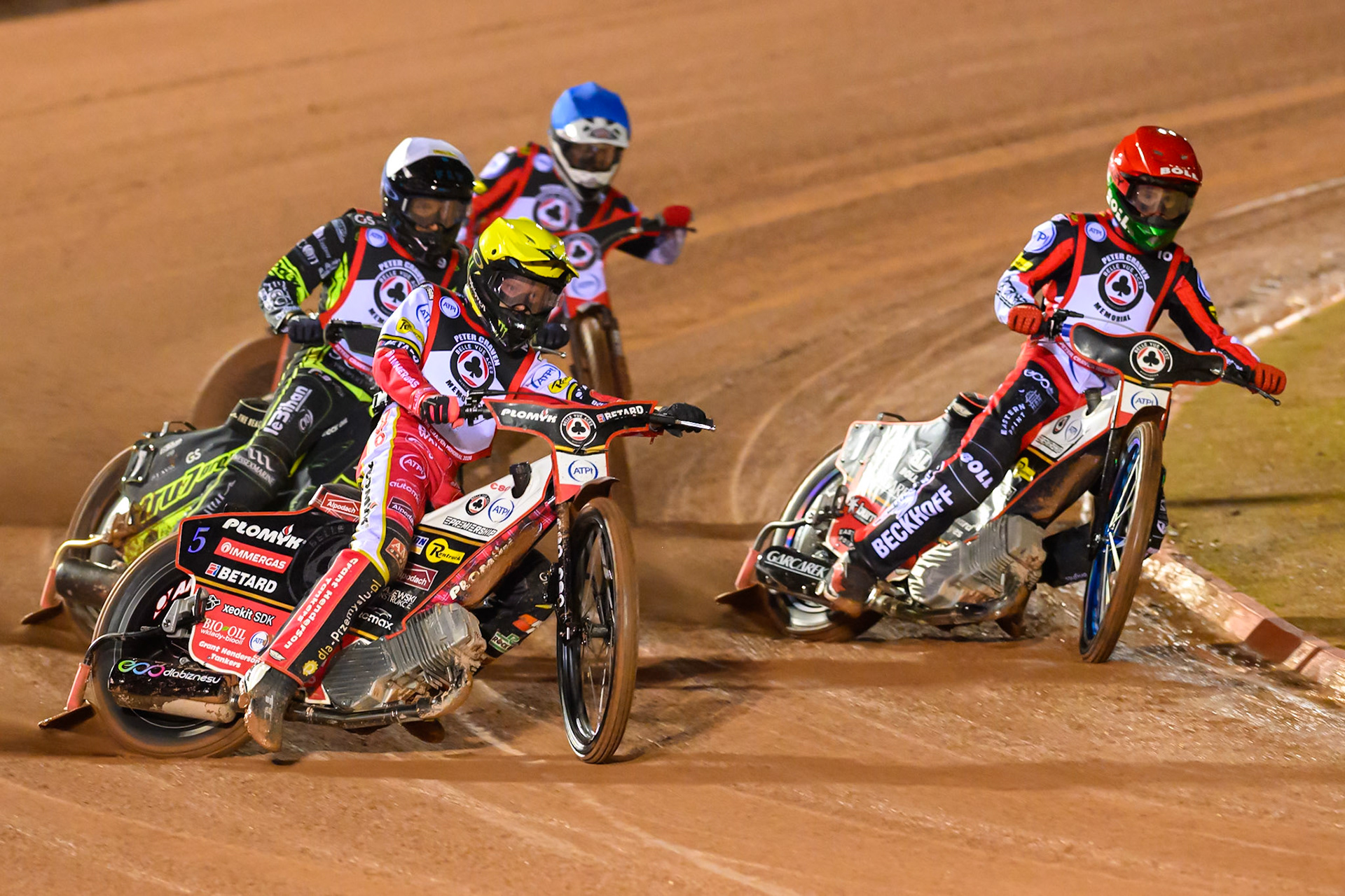 Dan Bewley in Yellow leading Brady Kurtz  in Red, Adam Ellis  in White and Zach Cook in Blue during the Peter Craven Memorial Trophy at the National Speedway Stadium, Manchester, on Monday 16th March 2026. (Photo: Ian Charles | MI News)