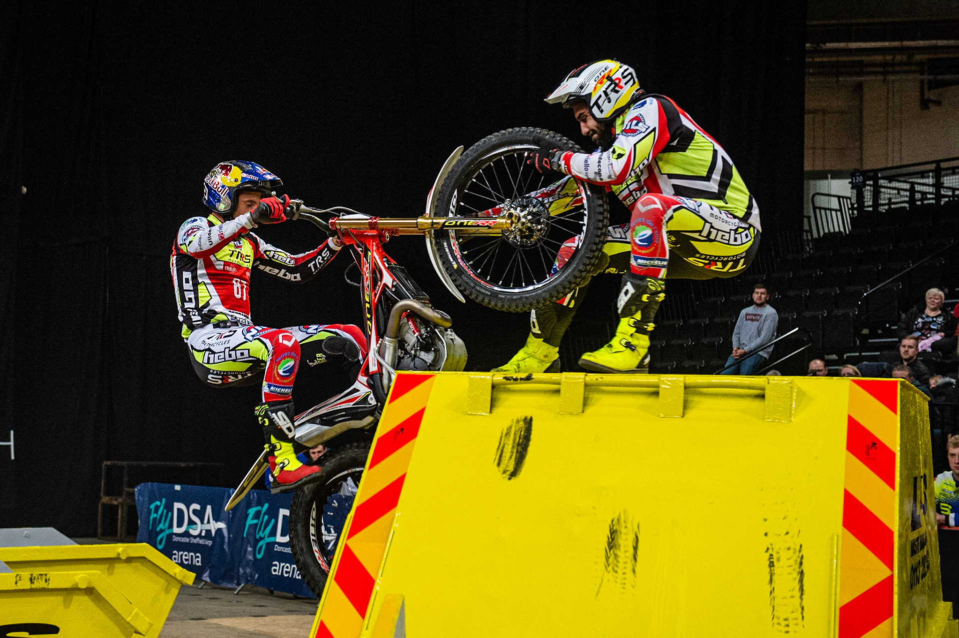 SHEFFIELD, ENGLAND  - DECEMBER 28TH   Adam Raga, Spain (TRRS) struggles on the final section of the final, as his minder grabs the wheel during the 25th Anniversary Sheffield Indoor Trial at the FlyDSA Arena, Sheffield on Saturday 28th December 2019. (Credit: Ian Charles | MI News)