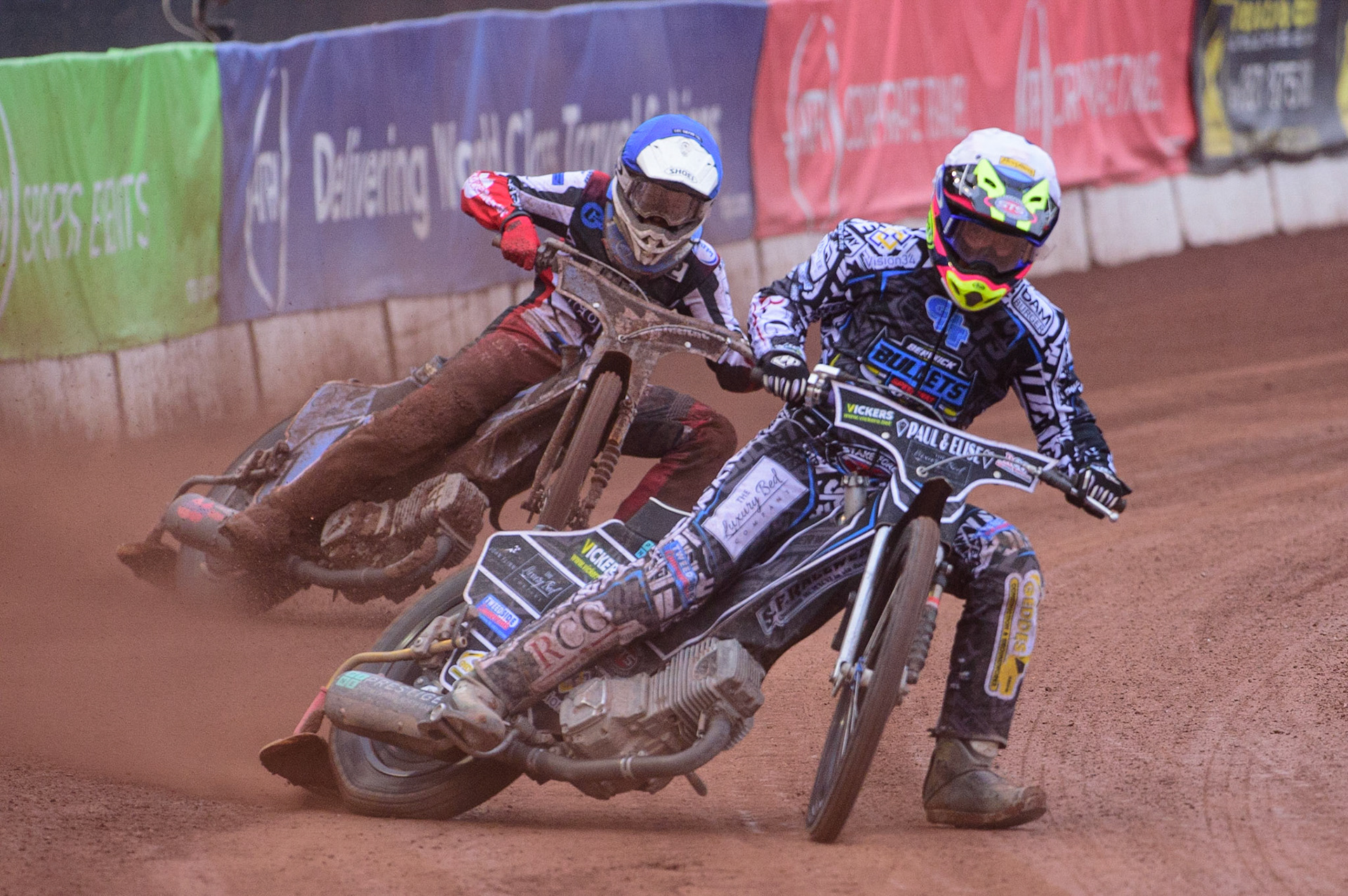 MANCHESTER, UK. JUN 24TH  Luke Crang (White) leads Sam McGurk  (Blue) during the National Development League match between Belle Vue Colts and Berwick Bullets at the National Speedway Stadium, Manchester on Friday 24th June 2022. (Credit: Ian Charles | MI News)
