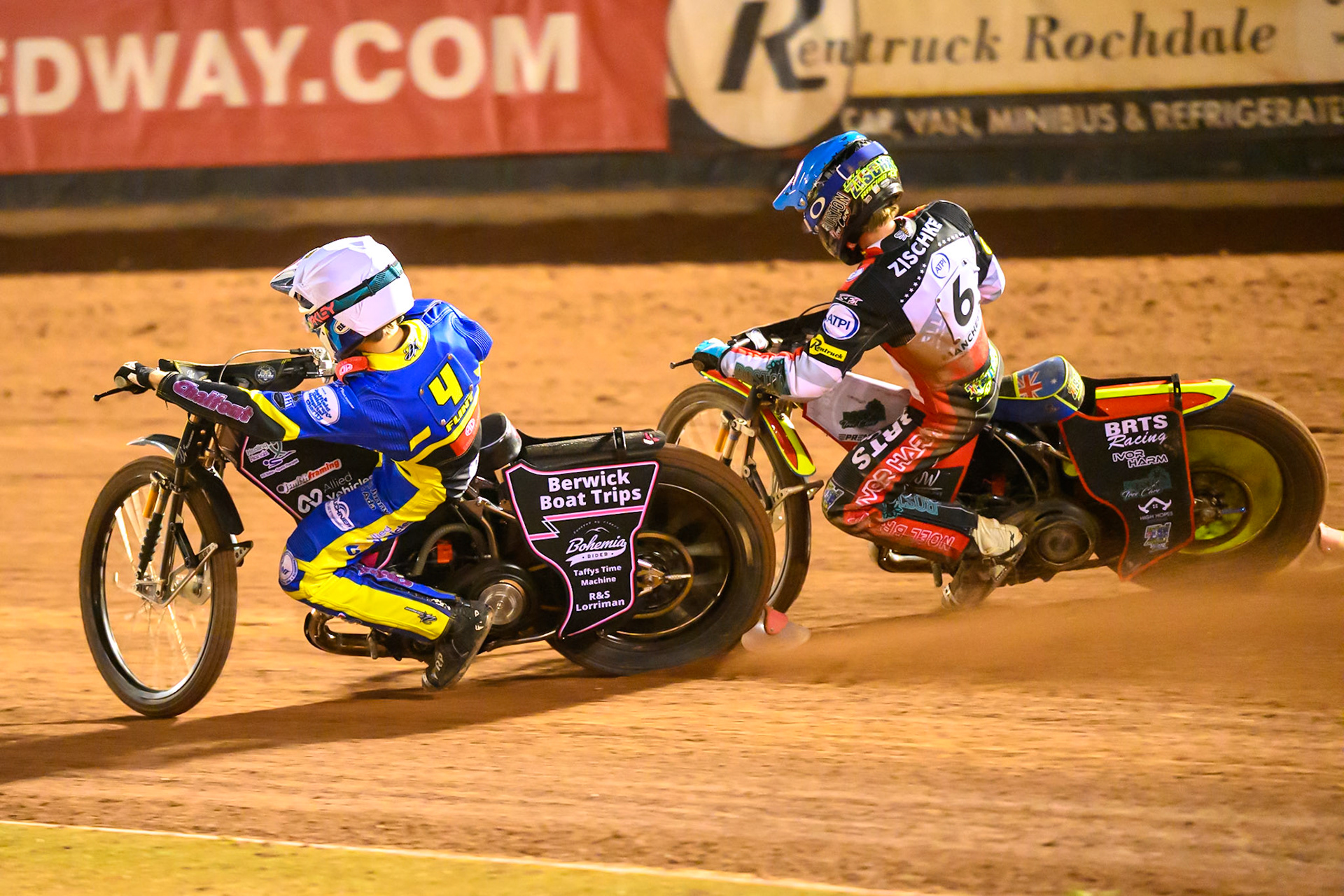 Leon Flint of Sheffield Tigers    in White rides inside Tate Zischke of Belle Vue Aces   in Blue during the Knockout Cup, Northern Section match between Belle Vue Aces and Sheffield Tigers at the National Speedway Stadium, Manchester on Monday 30th March 2026. (Photo: Ian Charles | MI News)