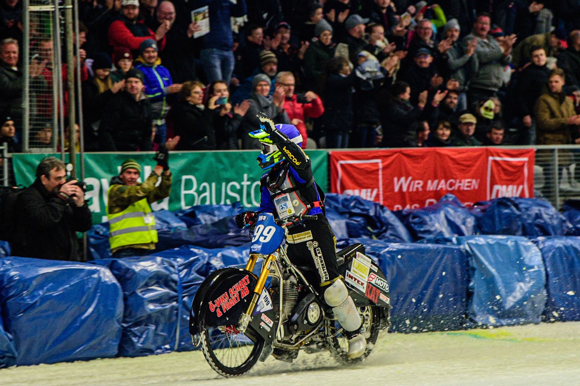 Martin Haarahiltunen (199) celebrates his second world title during the Ice Speedway Gladiators World Championship Final 2 at Max-Aicher-Arena, Inzell, Germany on Sunday 19th March 2023. (Photo: Ian Charles | MI News)