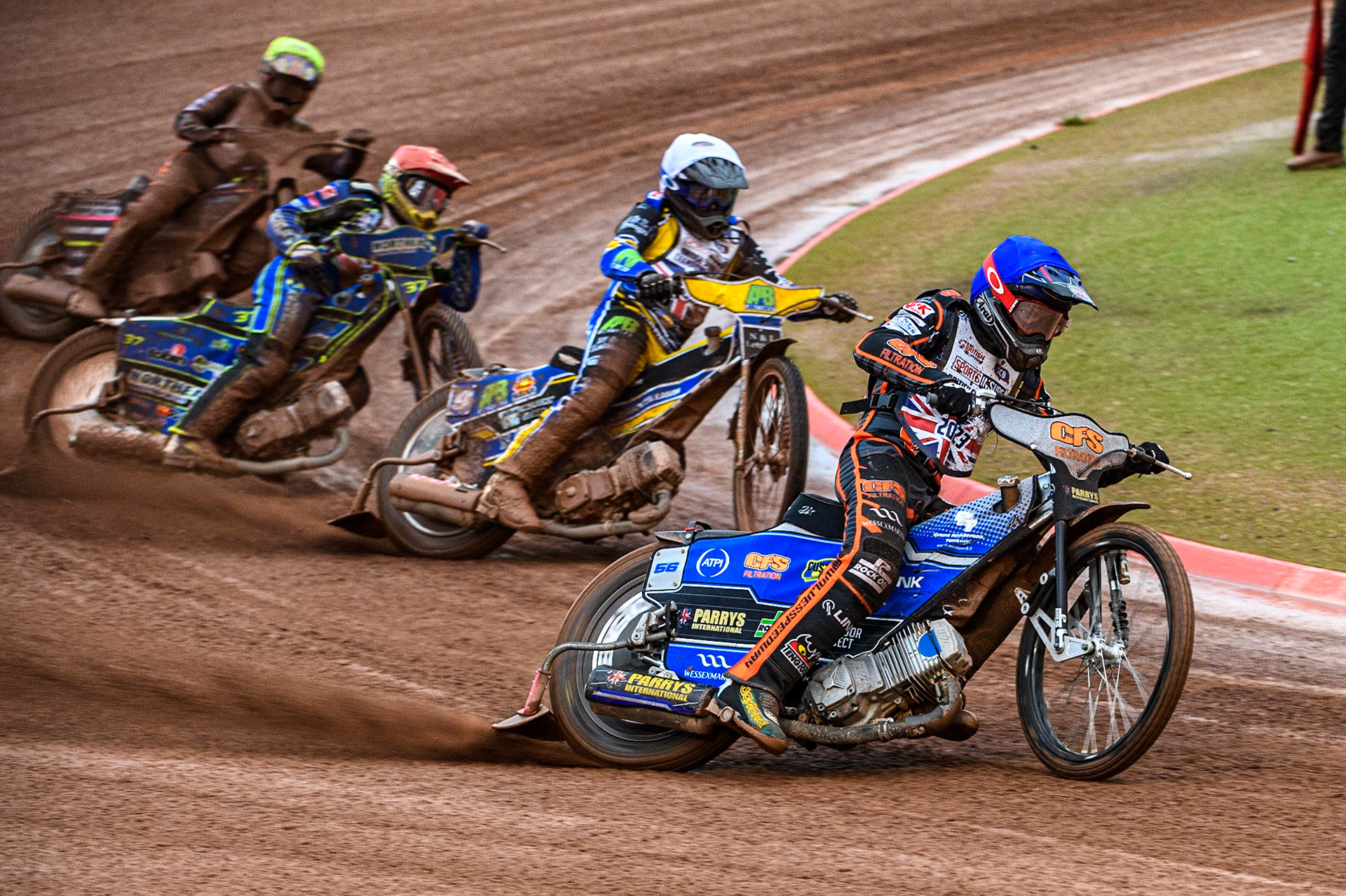 Steve Worrall (Blue) leads Ben Barker (White), Chris Harris (Red) and Leon Flint (Yellow) during the Sports Insure British Speedway Final at the National Speedway Stadium, Manchester on Monday 14th August 2023. (Photo: Ian Charles | MI News)
