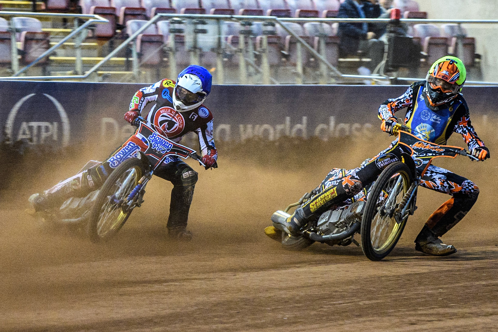 Mickie Simpson (White) inside Paul Bowen (Blue) during the National Development League match between Belle Vue Colts and Edinburgh Monarchs Academy at the National Speedway Stadium, Manchester on Friday 21st July 2023. (Photo: Ian Charles | MI News)