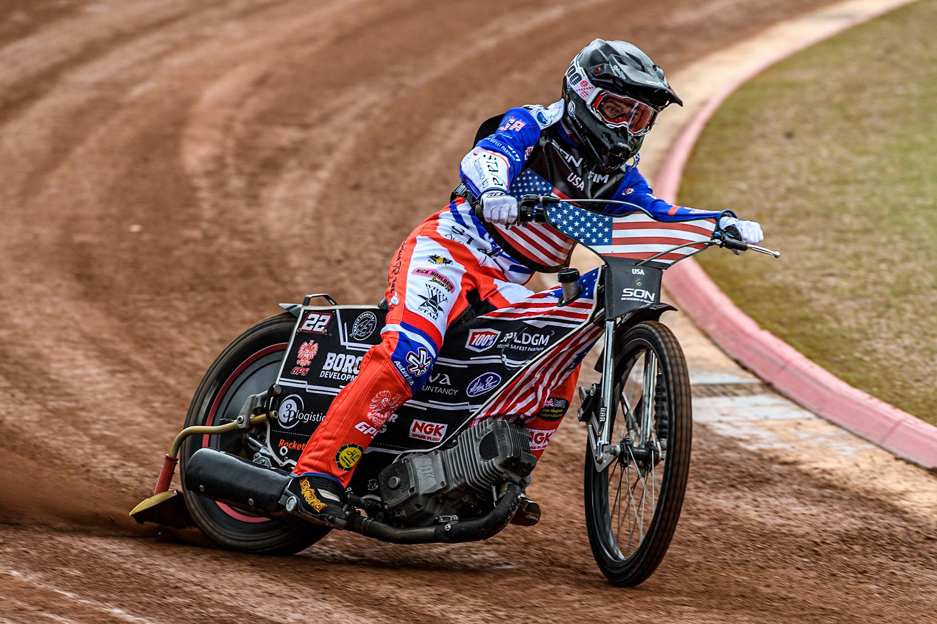 Luke Becker of the USA practices during the Monster Energy FIM Speedway of Nation Semi Final 2 at the National Speedway Stadium, Manchester on Wednesday 10th July 2024. (Photo: Ian Charles | MI News)