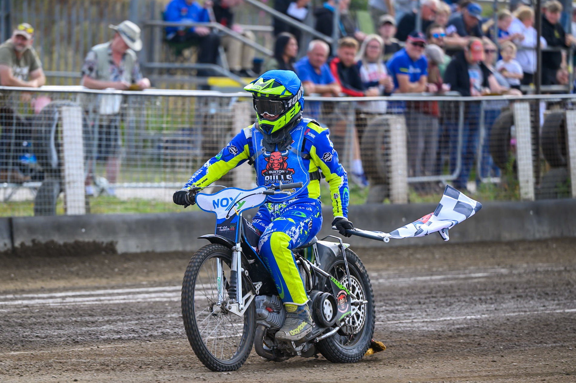 Will Boraston of Buxton Bulls  celebrates his 2nd place in heat 11 during the WSRA National Development League match  between Buxton Bulls and Middlesborough Tigers at Hi-Edge Speedway, Buxton on Sunday 16th August 2026. (Photo: Ian Charles | MI News)