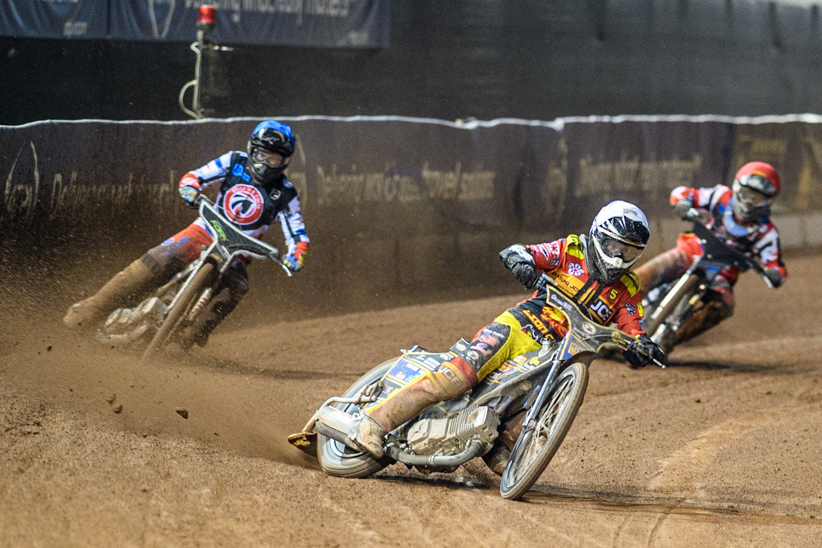 Joe Thompson (White) leads  Matt Marson (Blue) and Sam McGurk (Red) during the National Development League match between Belle Vue Colts and Leicester Lion Cubs at the National Speedway Stadium, Manchester on Friday 8th September 2023. (Photo: Ian Charles | MI News)