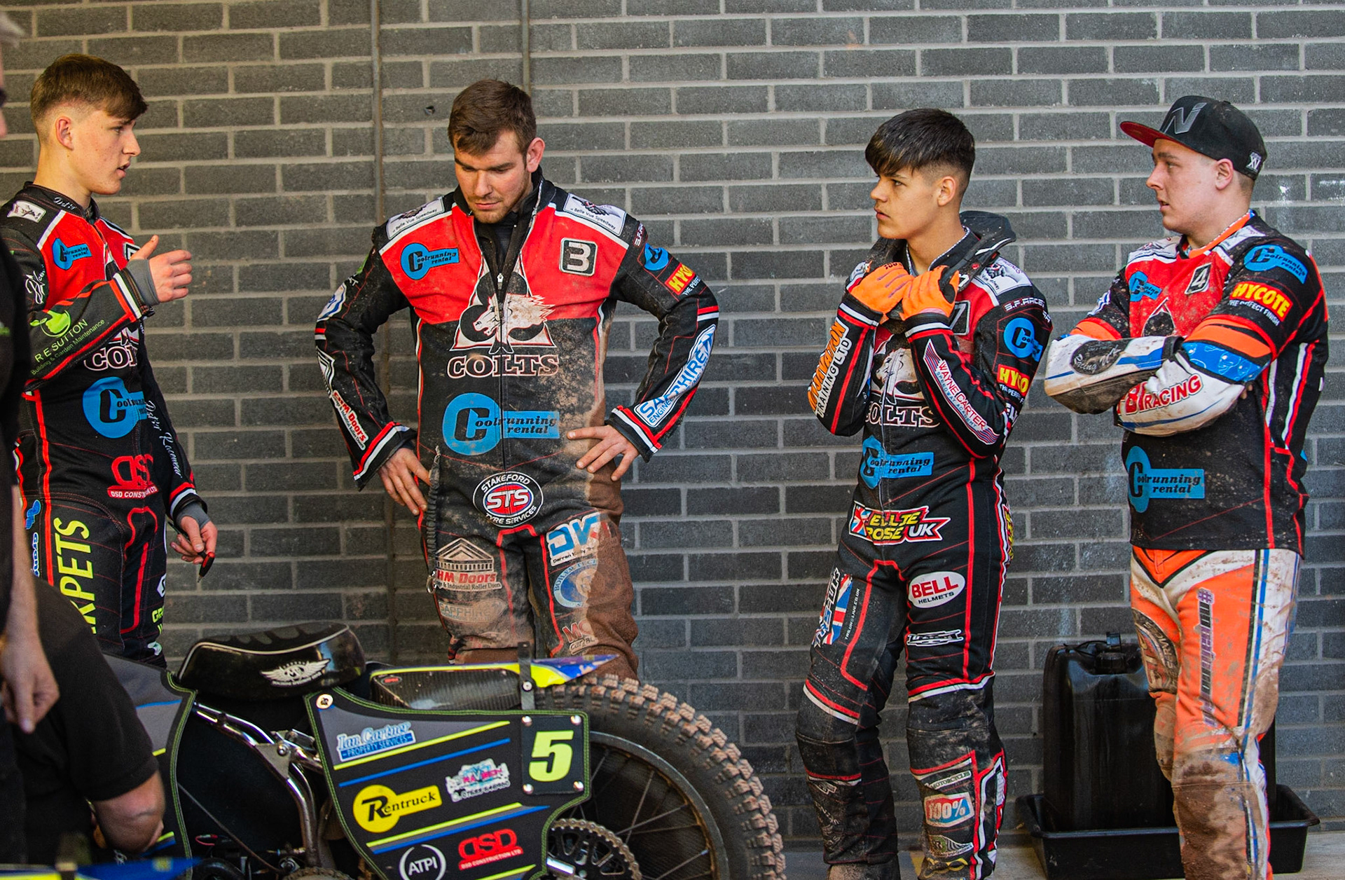 Photo: Ian Charles

(l-r) Kyle Bickley , Danny Phillips , Jordan Palin  and Josh Embleton in a team meeting

Belle Vue Colts v Plymouth Gladiators National League, Belle Vue National Speedway Stadium, Manchester, Thursday 23  May  2019