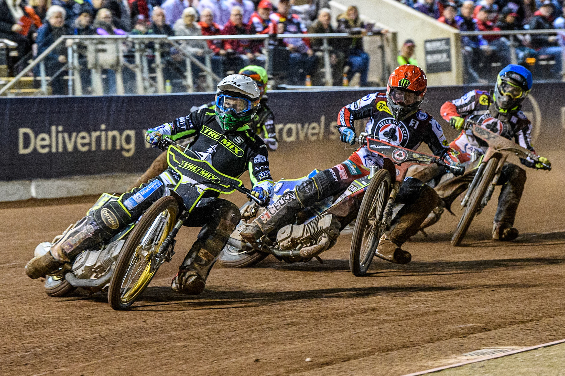 Jason Doyle (White) leads Jaimon Lidsey  (Red) and Tom Brennan (Blue) during the Sports Insure Premiership Semi Final Playoff 2nd leg match between Belle Vue Aces and Ipswich Witches at the National Speedway Stadium, Manchester on Monday 25th September 2023. (Photo: Ian Charles | MI News)