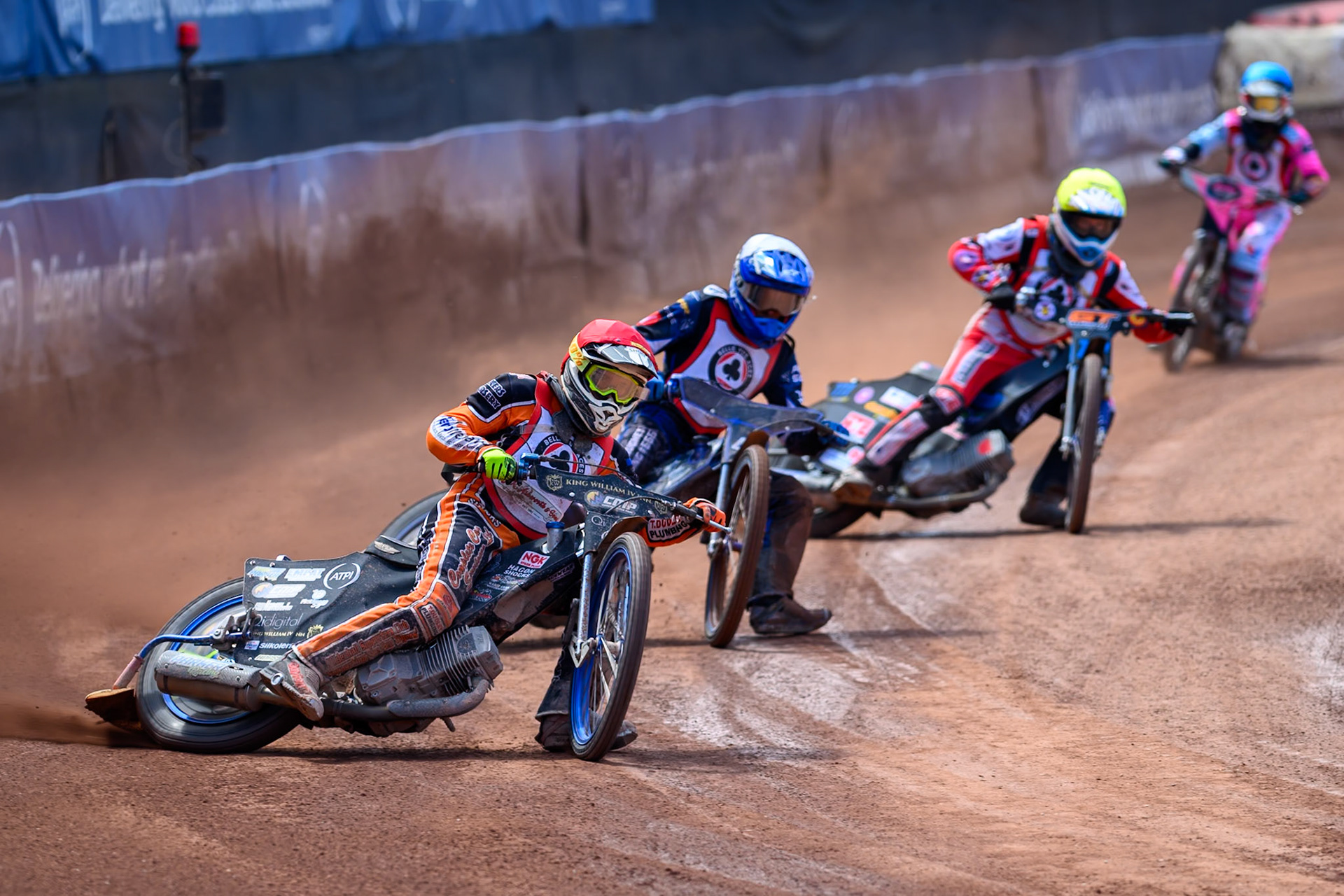 COLTS ACADEMY INDIVIDUAL EVENT Mark Parker in Red leading Charlie Southwick in White , Billy Budd in Yellow  and Anika Loftus in Blue during the JR Ashworth &amp; Sons Colts Academy Event at the National Speedway Stadium, Manchester on Sunday 19th July 2026. (Photo: Ian Charles | MI News)