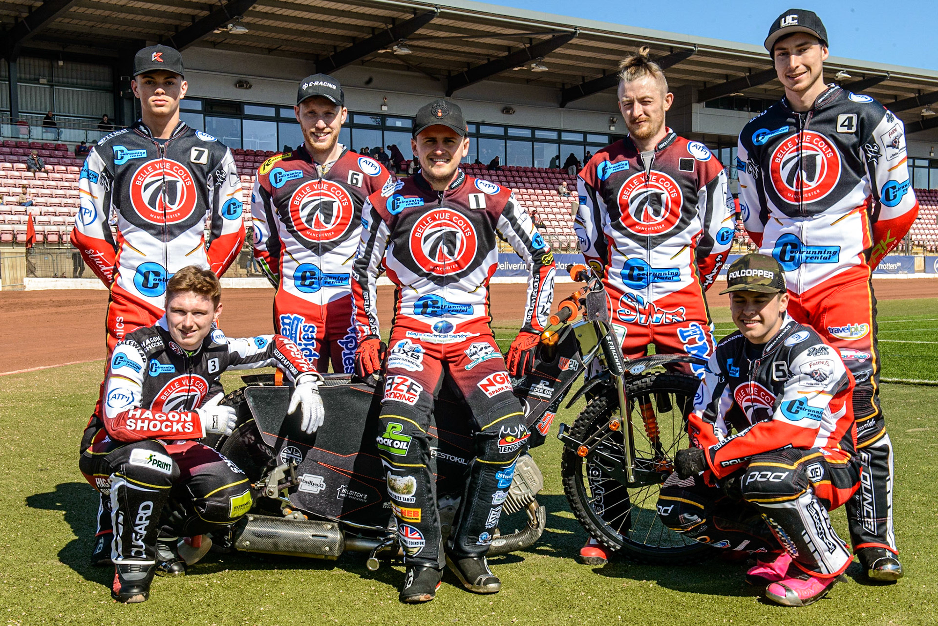 Belle Vue ‘Cool Running’ Colts :Rear: (l - r) Freddy Hodder , Paul Bowen, Jack Smith, Luke Muff, Matt Marson, Kneeling: Sam Hagon , James Pearson  during the National Development League match between Belle Vue Colts and Berwick Bullets at the National Speedway Stadium, Manchester on Friday 7th April 2023. (Photo: Ian Charles | MI News)