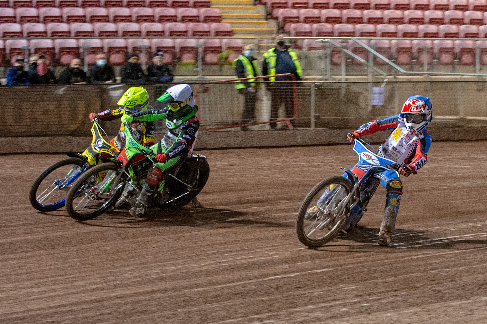 Photo: Ian CharlesCameron Taylor (Blue) inside Luke Harrison (White) and Max James (Yellow) in the 250cc FinalBritish Youth Speedway Championship (Round 5), National Speedway Stadium, Manchester Saturday  10  October  2020