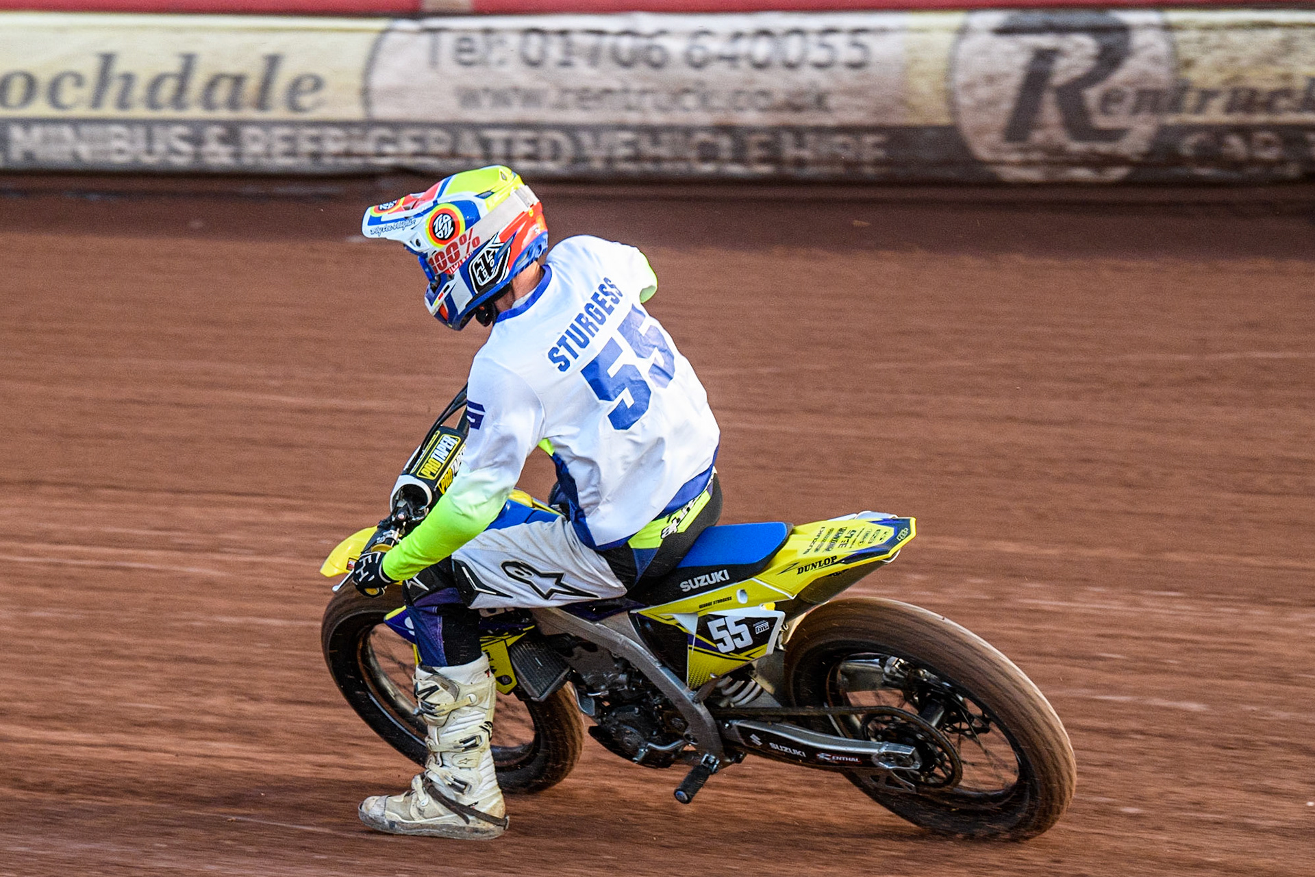 George Sturgess (55) in action   during the Flat Track Demonstration Races  during the Sports Insure Premiership match between Belle Vue Aces and Wolverhampton Wolves at the National Speedway Stadium, Manchester on Monday 3rd July 2023. (Photo: Ian Charles | MI News