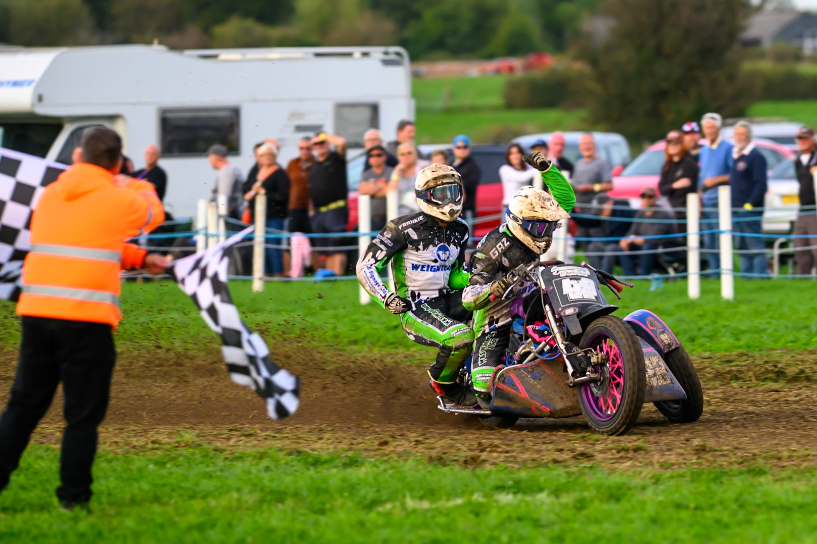 British Masters 1000cc Sidecars: Gareth Winterburn/Frankie Courtney (49)  win the British masters Sidecar title during the British Masters Grasstrack Championship at Lower Marsh Farm, Much Hoole, Preston in Lancashire, England on Sunday 13th September 2026. (Photo: Ian Charles | MI News)