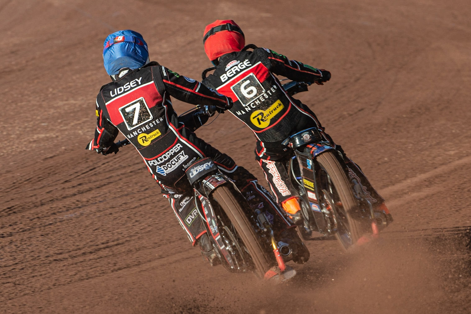 Photo: Ian Charles

The opposition view of Jaimon Lidsey  (Blue) and Dimitri Bergé  (Red) in heat 2 as they go for maximum points

Belle Vue Aces v Swindon Robins, British Speedway Premiership, Belle Vue National Speedway Stadium, Manchester, Monday 20  May  2019